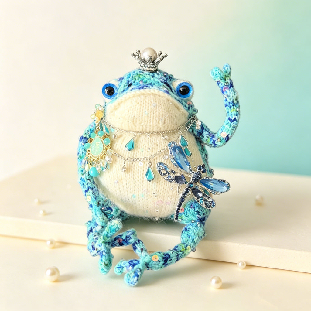 Dragonfly Princess Toad – Hand-Knitted Figurine with Silver Pearl Crown, Layered Crystal Necklace, Blue Teardrop Pendant, Dragonfly Brooch &amp; Floral Accents | The Third Space