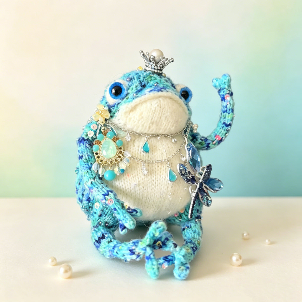 Dragonfly Princess Toad – Hand-Knitted Figurine with Silver Pearl Crown, Layered Crystal Necklace, Blue Teardrop Pendant, Dragonfly Brooch &amp; Floral Accents | The Third Space