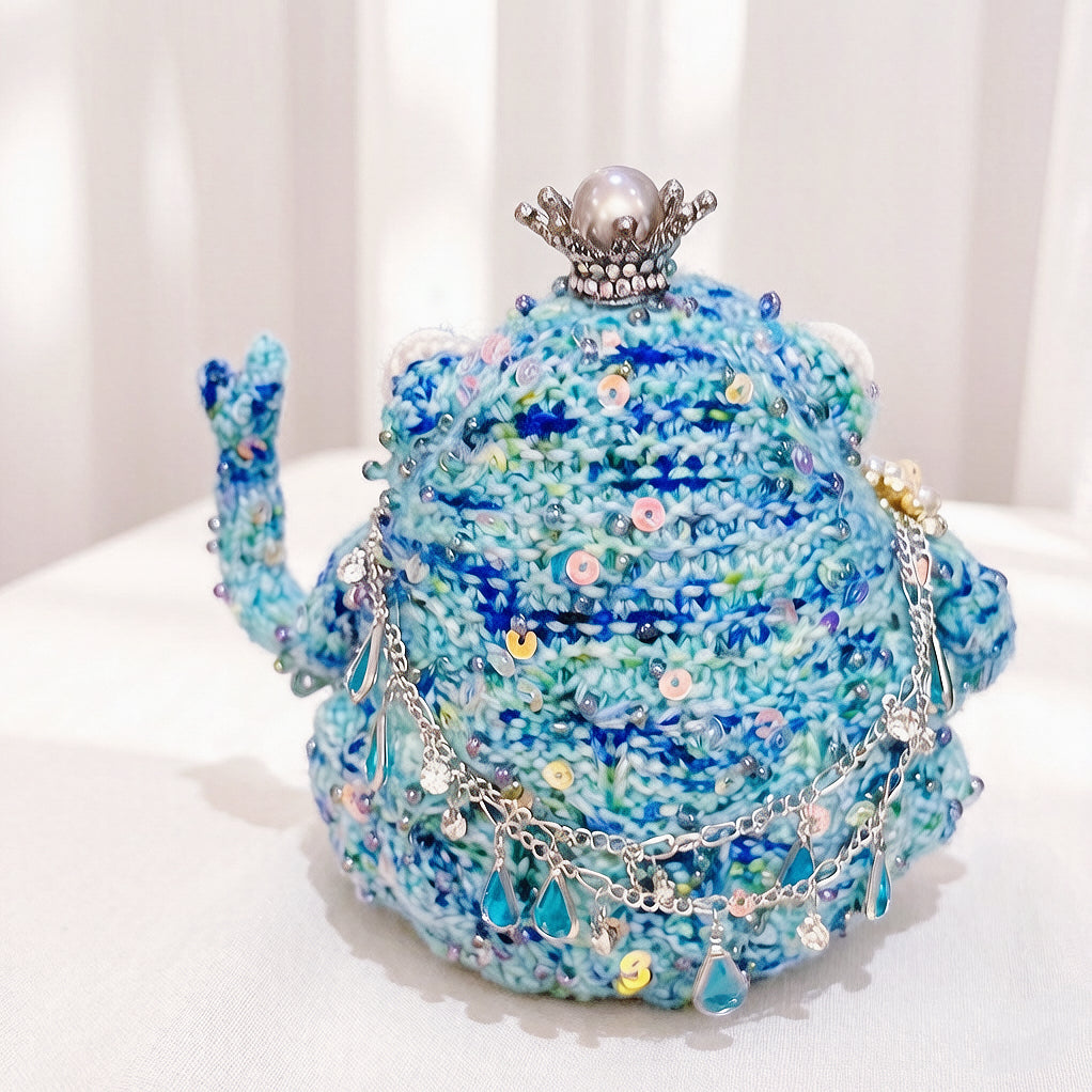 Dragonfly Princess Toad – Hand-Knitted Figurine with Silver Pearl Crown, Layered Crystal Necklace, Blue Teardrop Pendant, Dragonfly Brooch &amp; Floral Accents | The Third Space