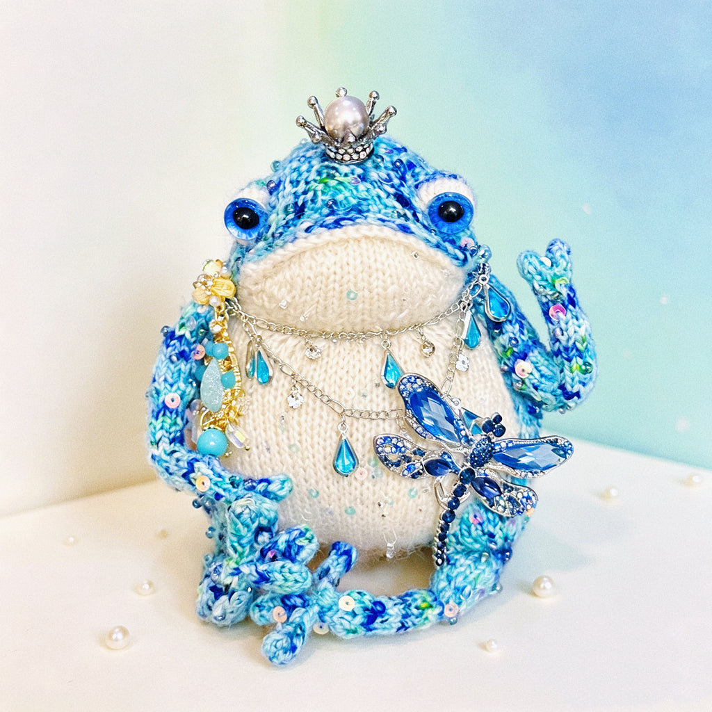 Dragonfly Princess Toad – Hand-Knitted Figurine with Silver Pearl Crown, Layered Crystal Necklace, Blue Teardrop Pendant, Dragonfly Brooch &amp; Floral Accents | The Third Space