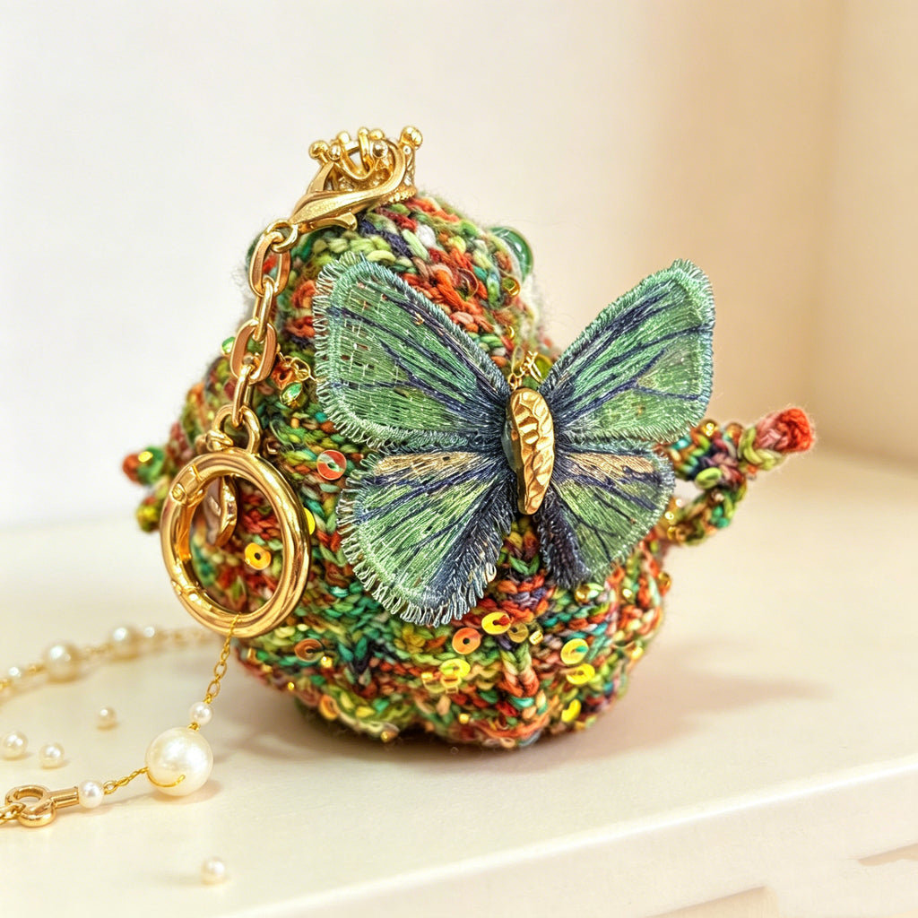 Crystal Mushroom Elf Toad – Hand-Knitted Rainbow Forest Sprite with Gold Crown, Emerald Pendant, Mushroom Armlet, Crystal Butterfly &amp; Multicolor Yarn | The Third Space