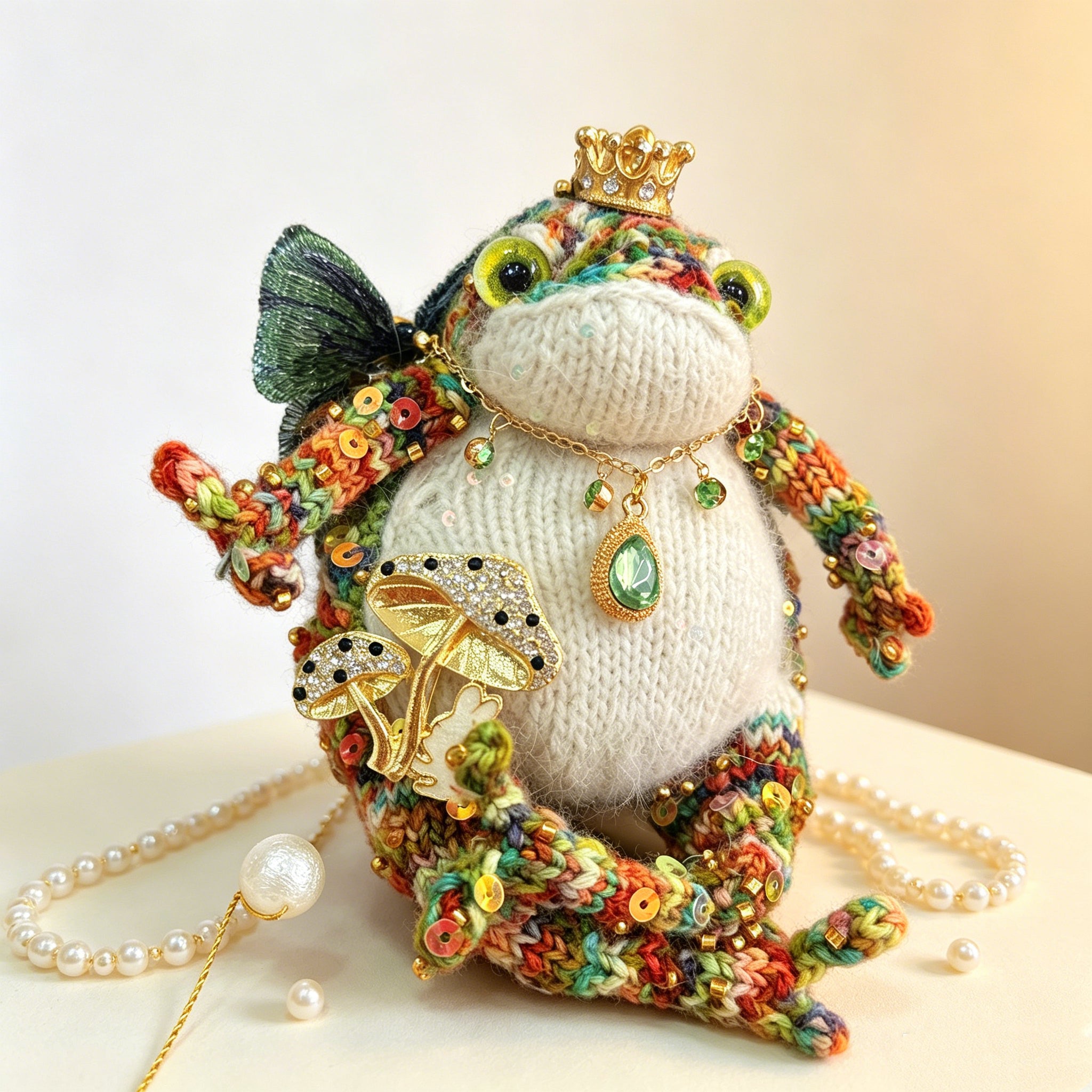 Crystal Mushroom Elf Toad – Hand-Knitted Rainbow Forest Sprite with Gold Crown, Emerald Pendant, Mushroom Armlet, Crystal Butterfly &amp; Multicolor Yarn | The Third Space