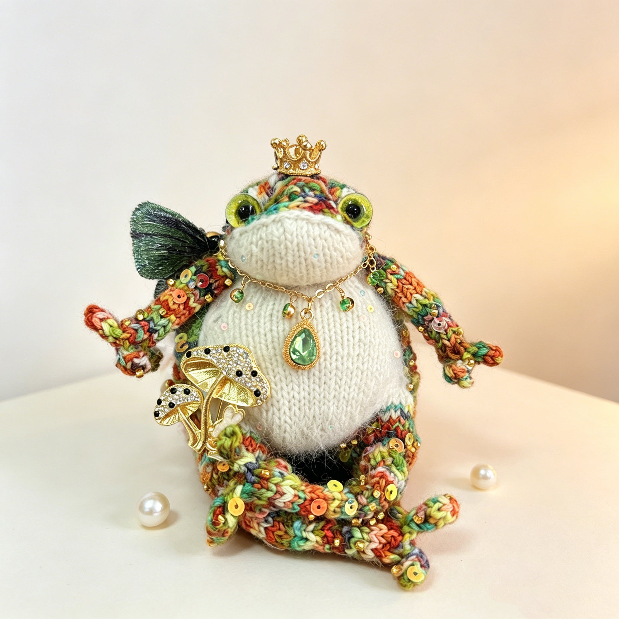 Crystal Mushroom Elf Toad – Hand-Knitted Rainbow Forest Sprite with Gold Crown, Emerald Pendant, Mushroom Armlet, Crystal Butterfly &amp; Multicolor Yarn | The Third Space