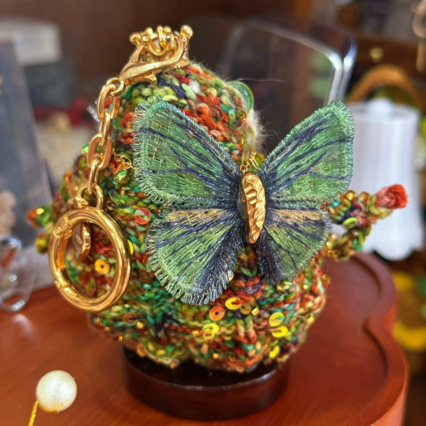 Crystal Mushroom Elf Toad – Hand-Knitted Rainbow Forest Sprite with Gold Crown, Emerald Pendant, Mushroom Armlet, Crystal Butterfly &amp; Multicolor Yarn | The Third Space