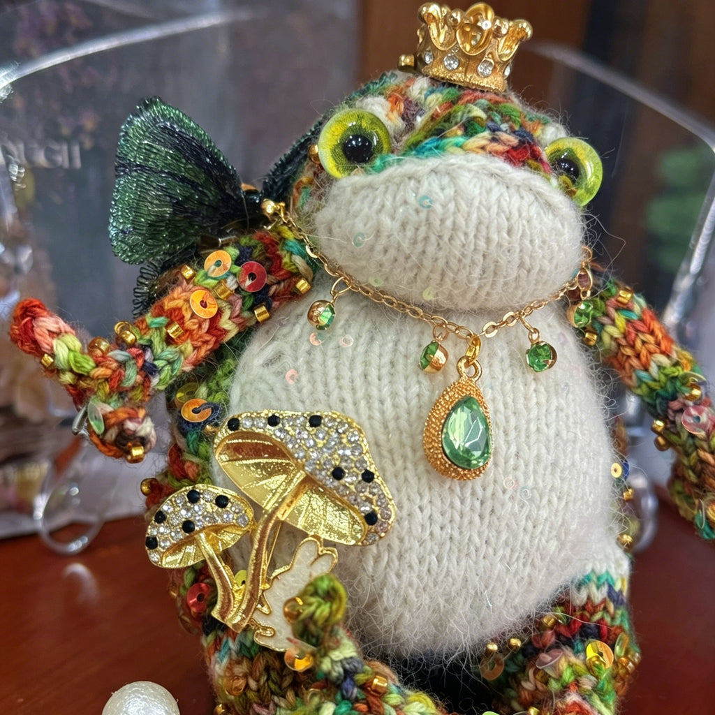 Crystal Mushroom Elf Toad – Hand-Knitted Rainbow Forest Sprite with Gold Crown, Emerald Pendant, Mushroom Armlet, Crystal Butterfly &amp; Multicolor Yarn | The Third Space