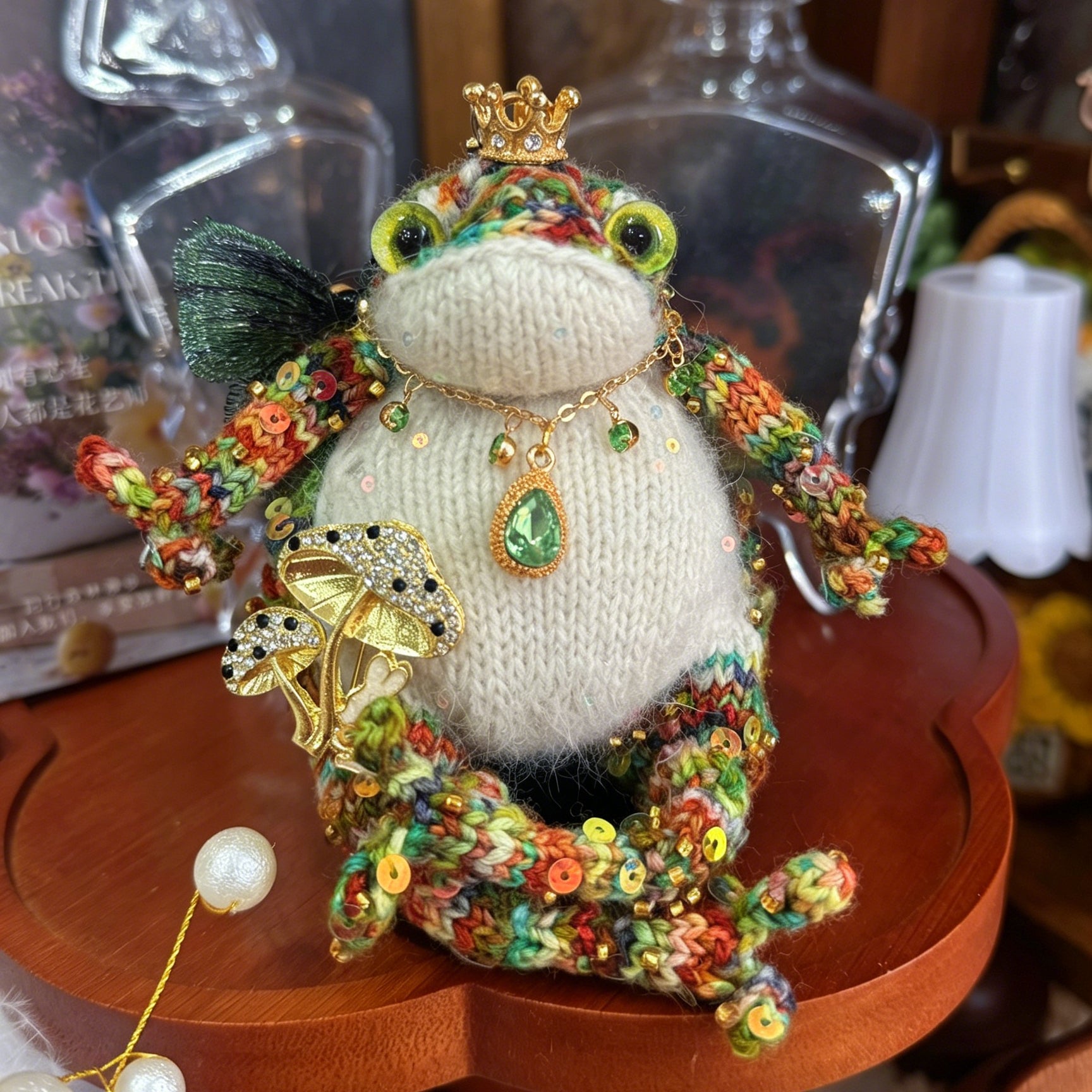 Crystal Mushroom Elf Toad – Hand-Knitted Rainbow Forest Sprite with Gold Crown, Emerald Pendant, Mushroom Armlet, Crystal Butterfly &amp; Multicolor Yarn | The Third Space