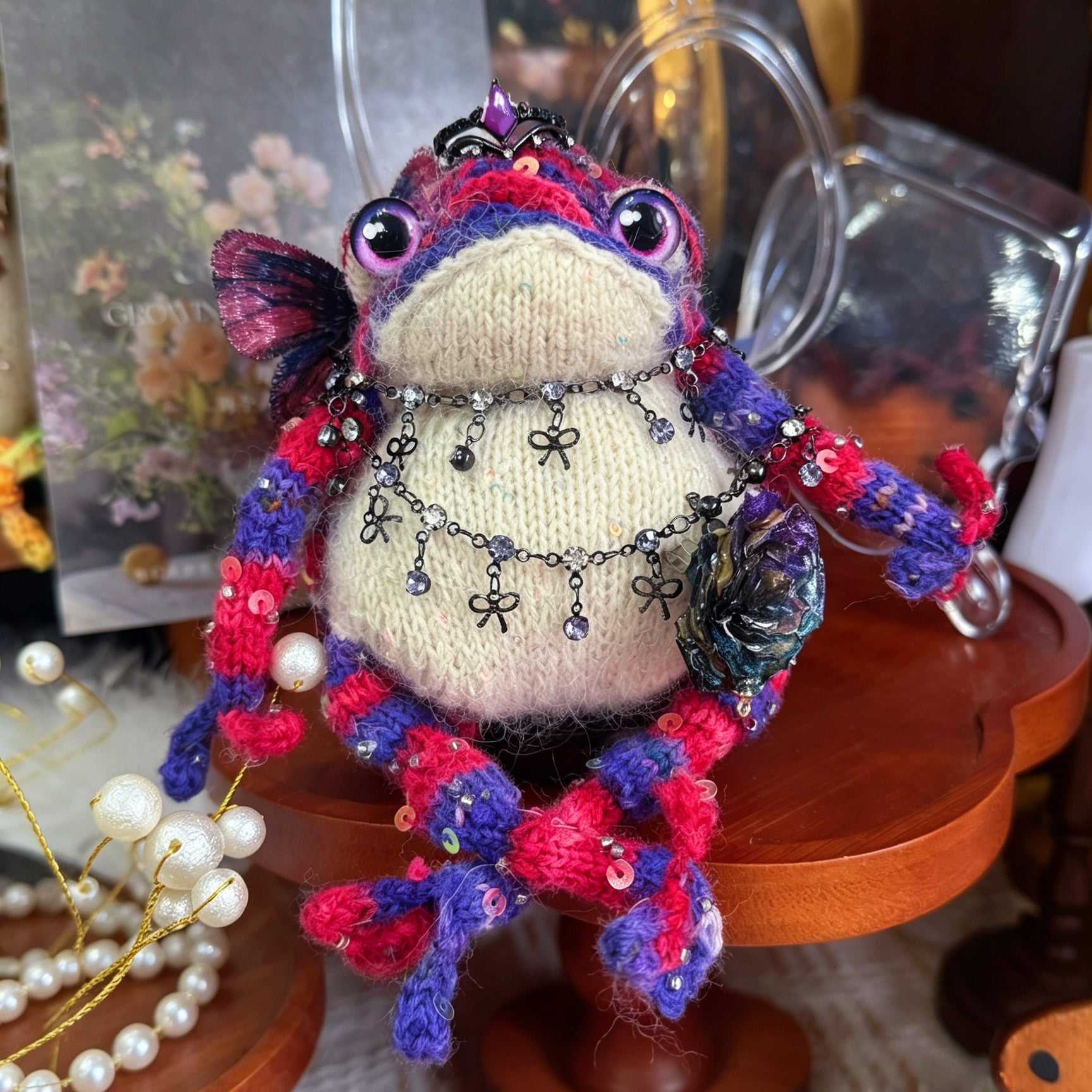 Gothic Princess Toad – Hand-Knitted Dark Fairy-Tale Figurine with Black Crystal Crown, Layered Silver Chains, Blue-Purple Rose Brooch &amp; Red-Purple Butterfly | The Third Space