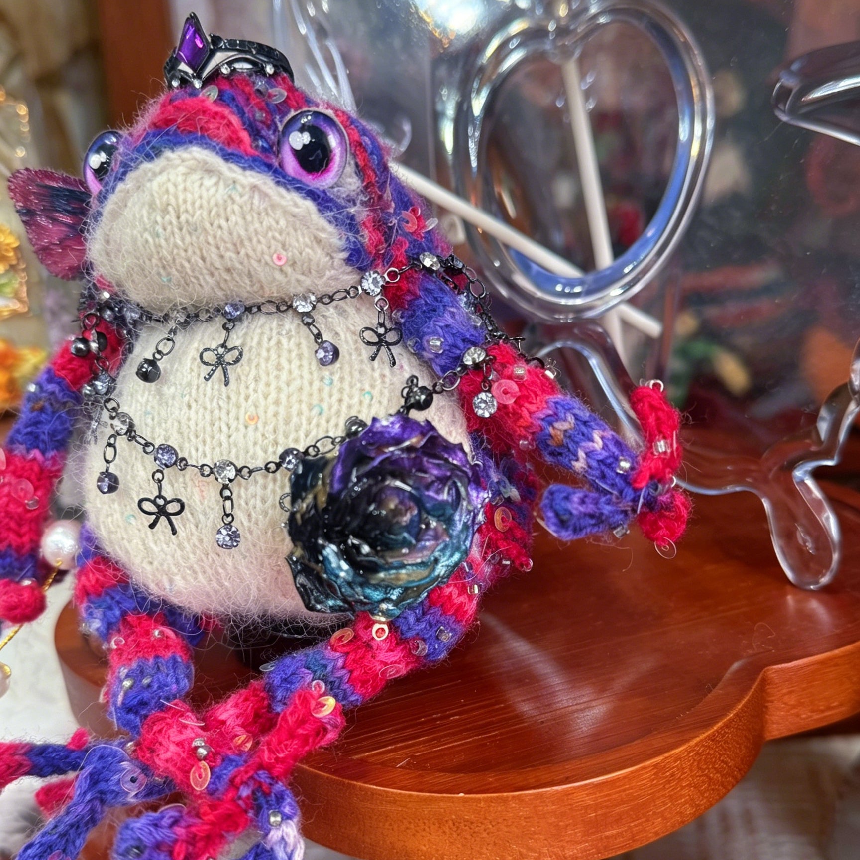 Gothic Princess Toad – Hand-Knitted Dark Fairy-Tale Figurine with Black Crystal Crown, Layered Silver Chains, Blue-Purple Rose Brooch &amp; Red-Purple Butterfly | The Third Space
