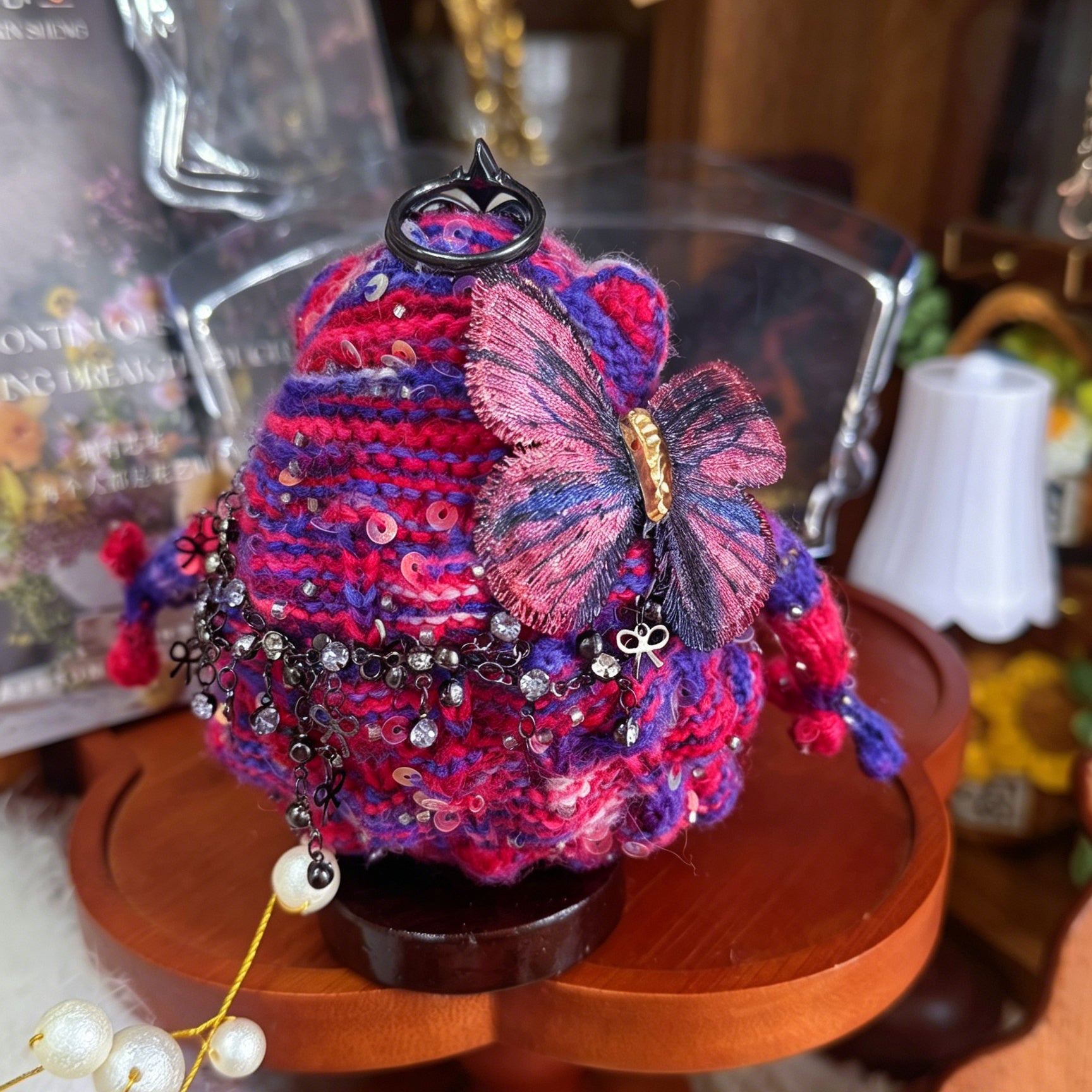 Gothic Princess Toad – Hand-Knitted Dark Fairy-Tale Figurine with Black Crystal Crown, Layered Silver Chains, Blue-Purple Rose Brooch &amp; Red-Purple Butterfly | The Third Space