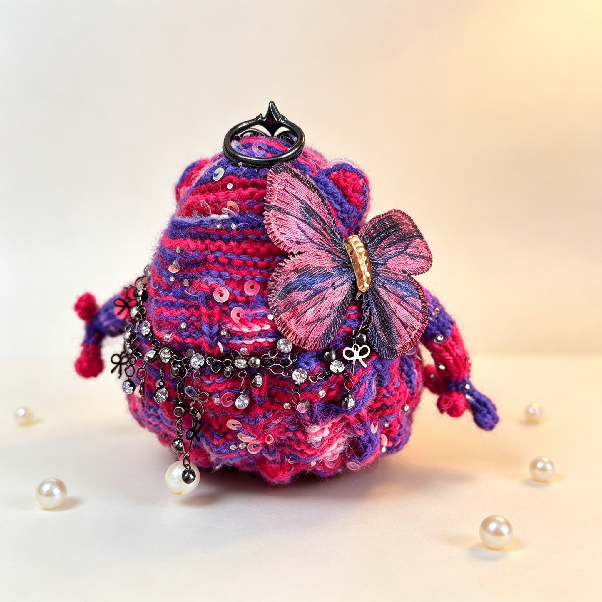 Gothic Princess Toad – Hand-Knitted Dark Fairy-Tale Figurine with Black Crystal Crown, Layered Silver Chains, Blue-Purple Rose Brooch &amp; Red-Purple Butterfly | The Third Space