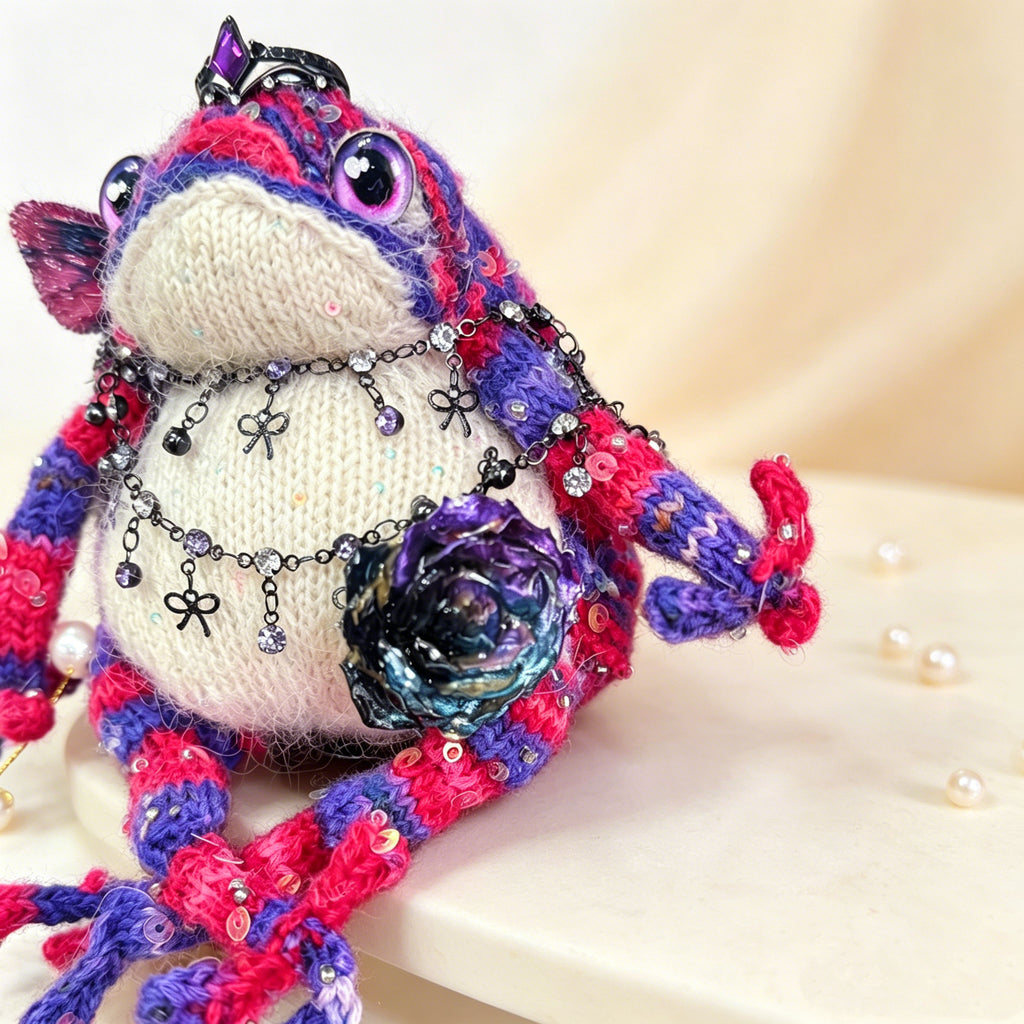 Gothic Princess Toad – Hand-Knitted Dark Fairy-Tale Figurine with Black Crystal Crown, Layered Silver Chains, Blue-Purple Rose Brooch &amp; Red-Purple Butterfly | The Third Space