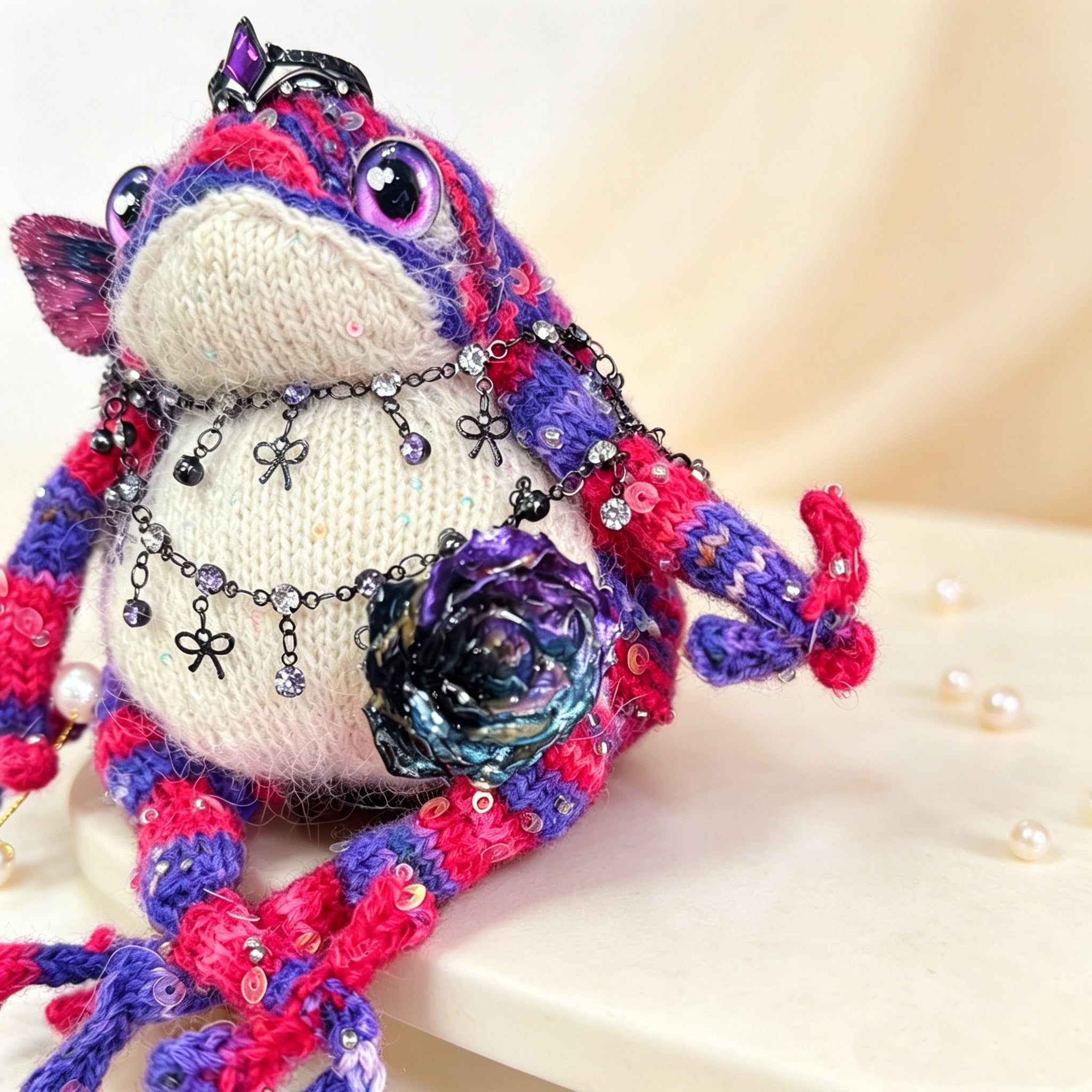 Gothic Princess Toad – Hand-Knitted Dark Fairy-Tale Figurine with Black Crystal Crown, Layered Silver Chains, Blue-Purple Rose Brooch &amp; Red-Purple Butterfly | The Third Space