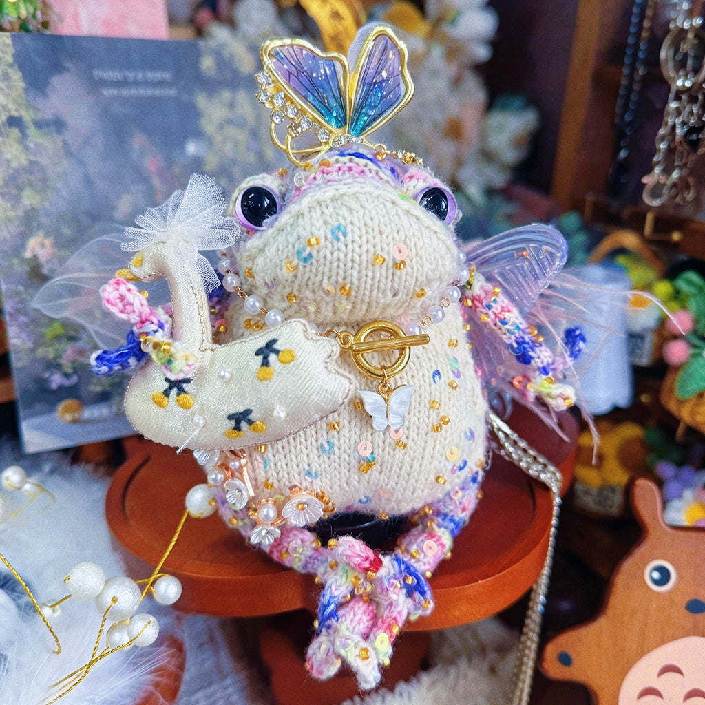 Moonlight Elf Toad – Hand-Knitted Ethereal Figurine with Butterfly Crown, Tulle Veil, Pearl Chains, Fairy Wings &amp; Magic Wand | The Third Space
