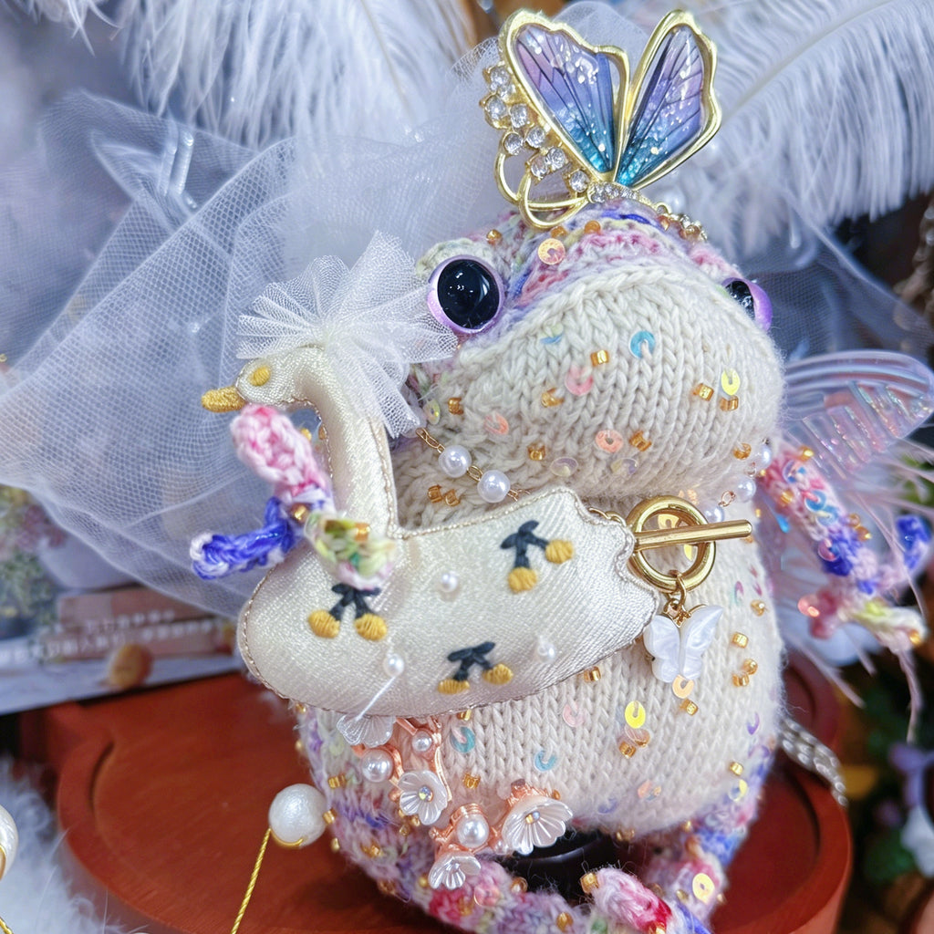 Moonlight Elf Toad – Hand-Knitted Ethereal Figurine with Butterfly Crown, Tulle Veil, Pearl Chains, Fairy Wings &amp; Magic Wand | The Third Space