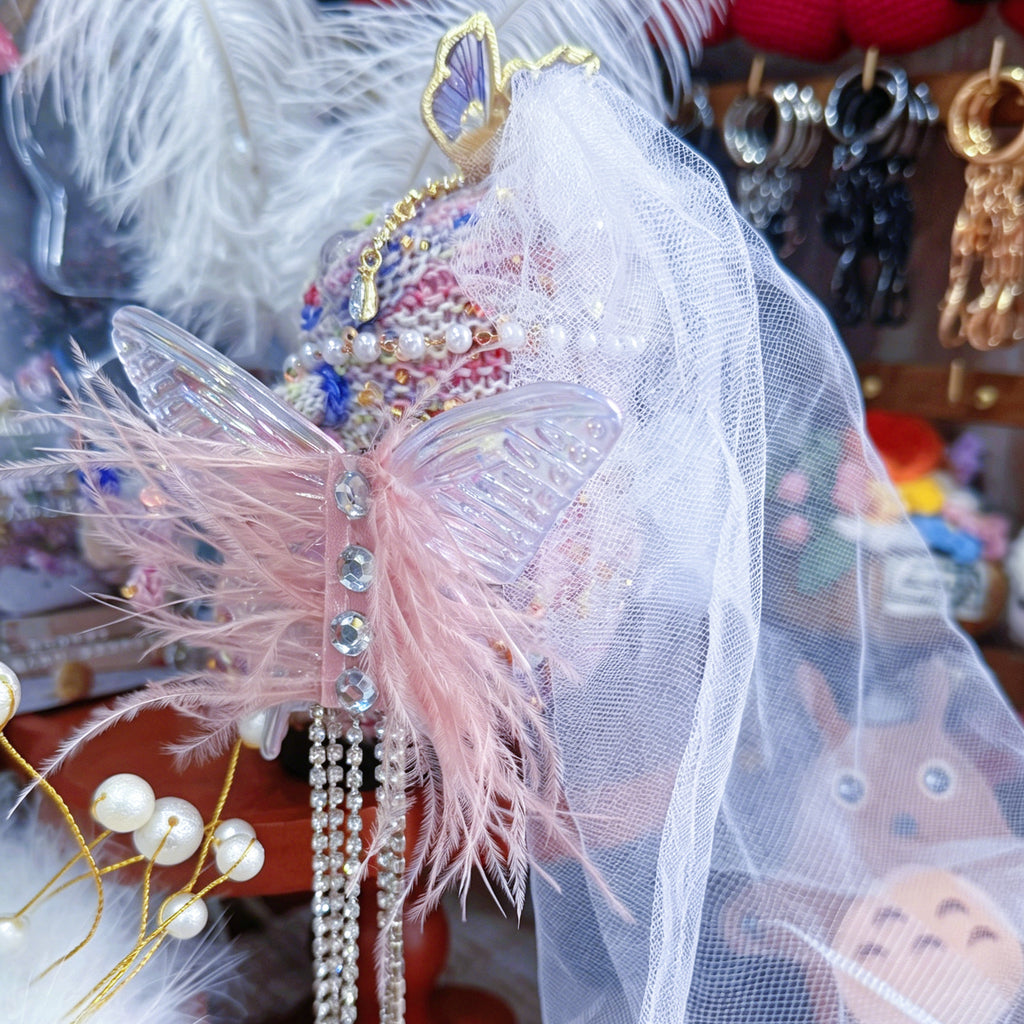 Moonlight Elf Toad – Hand-Knitted Ethereal Figurine with Butterfly Crown, Tulle Veil, Pearl Chains, Fairy Wings &amp; Magic Wand | The Third Space
