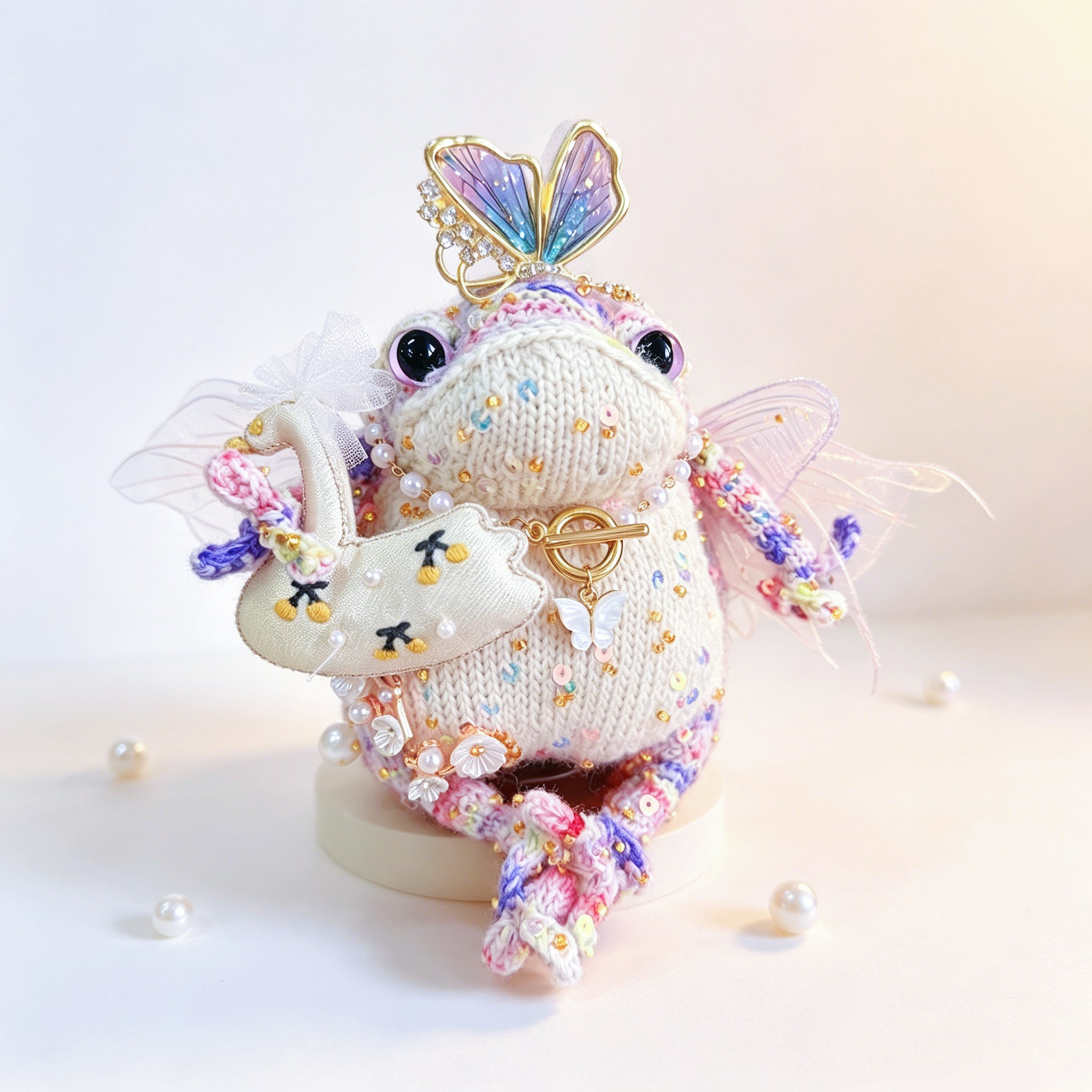 Moonlight Elf Toad – Hand-Knitted Ethereal Figurine with Butterfly Crown, Tulle Veil, Pearl Chains, Fairy Wings &amp; Magic Wand | The Third Space