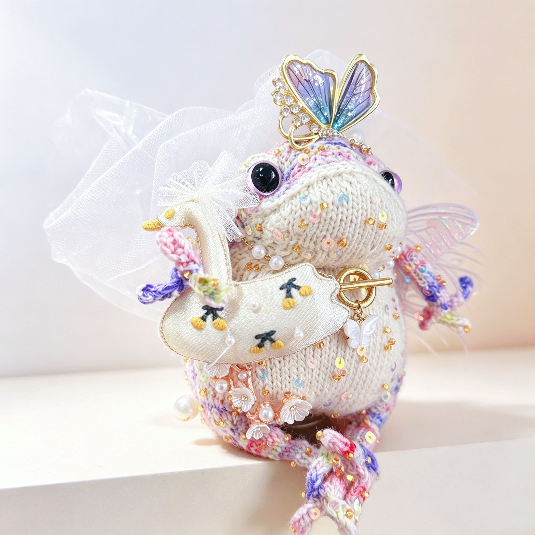 Moonlight Elf Toad – Hand-Knitted Ethereal Figurine with Butterfly Crown, Tulle Veil, Pearl Chains, Fairy Wings &amp; Magic Wand | The Third Space