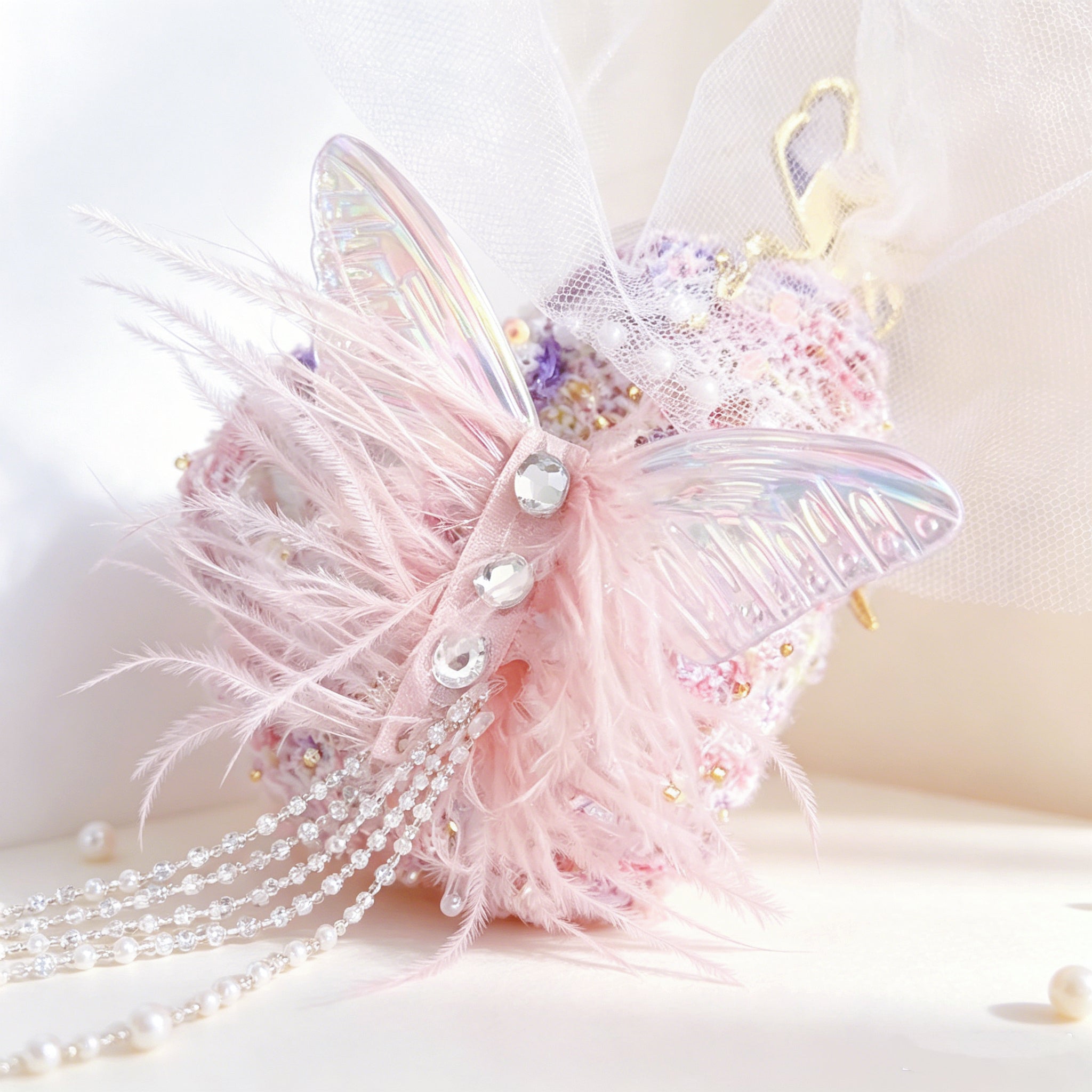 Moonlight Elf Toad – Hand-Knitted Ethereal Figurine with Butterfly Crown, Tulle Veil, Pearl Chains, Fairy Wings &amp; Magic Wand | The Third Space