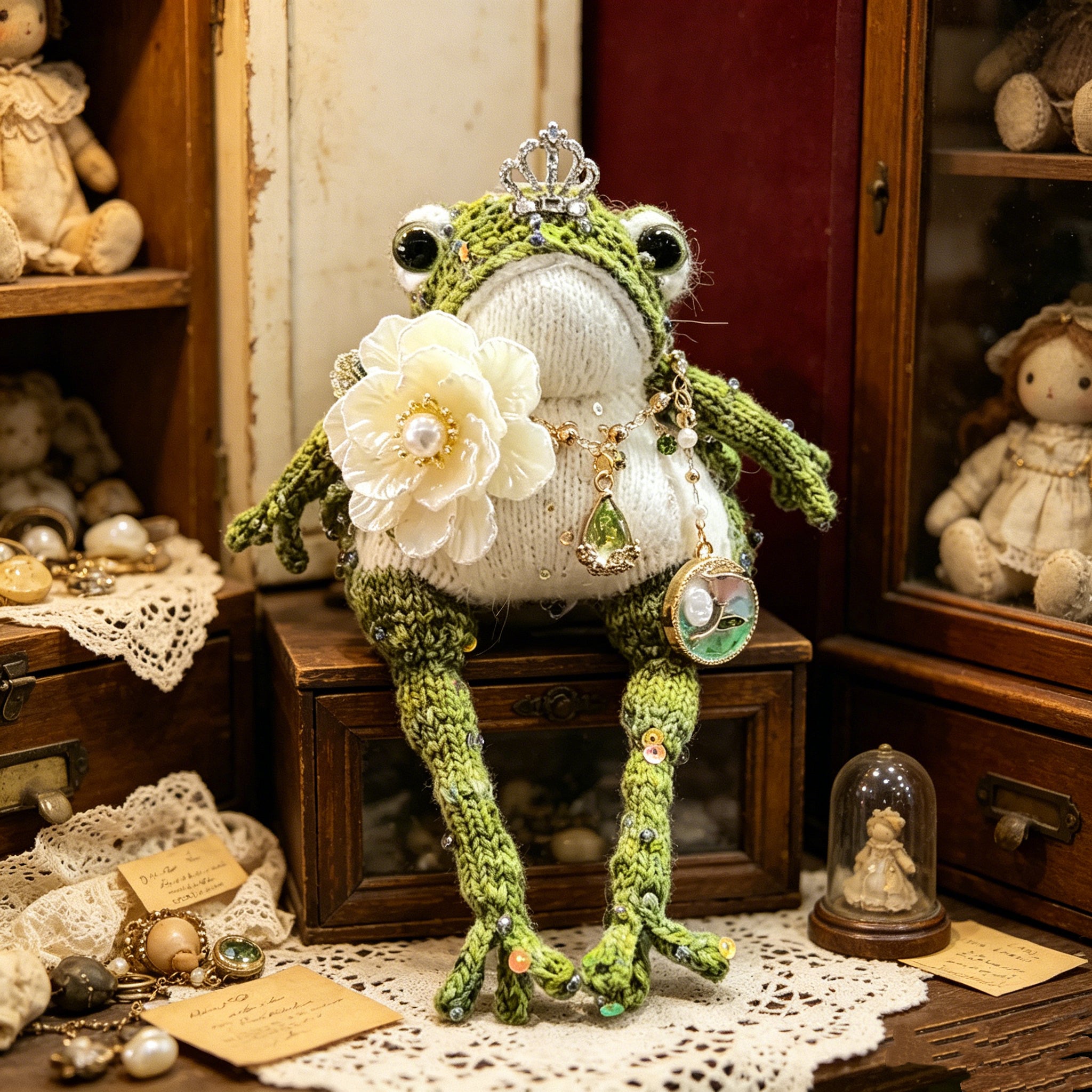 Woodland Princess Toad – Hand-Knitted Nature-Inspired Figurine with Silver Crown, Emerald Teardrop Pendant, White Camellia Brooch &amp; Vintage Medallion | The Third Space