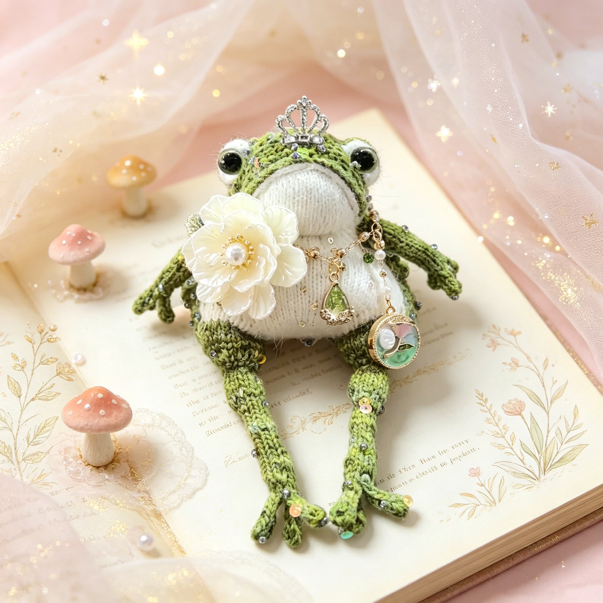 Woodland Princess Toad – Hand-Knitted Nature-Inspired Figurine with Silver Crown, Emerald Teardrop Pendant, White Camellia Brooch &amp; Vintage Medallion | The Third Space