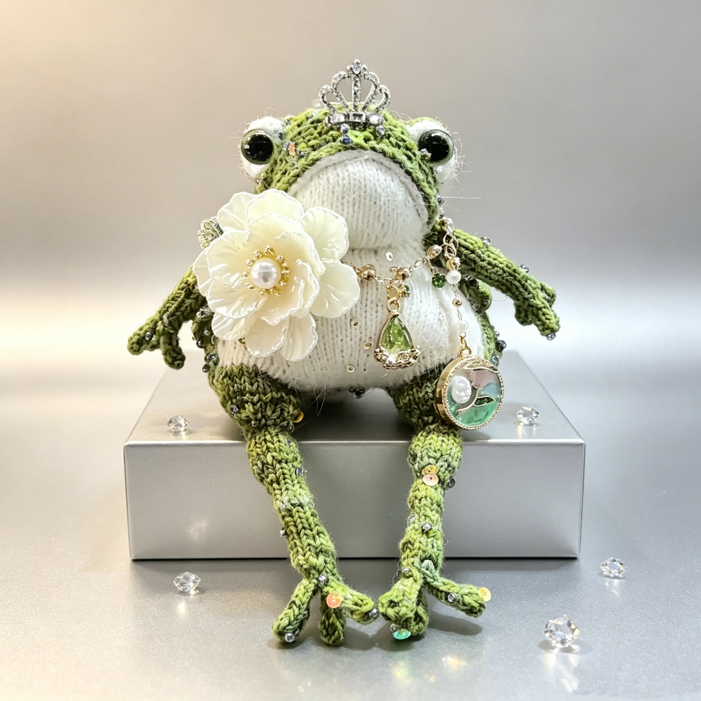 Woodland Princess Toad – Hand-Knitted Nature-Inspired Figurine with Silver Crown, Emerald Teardrop Pendant, White Camellia Brooch &amp; Vintage Medallion | The Third Space