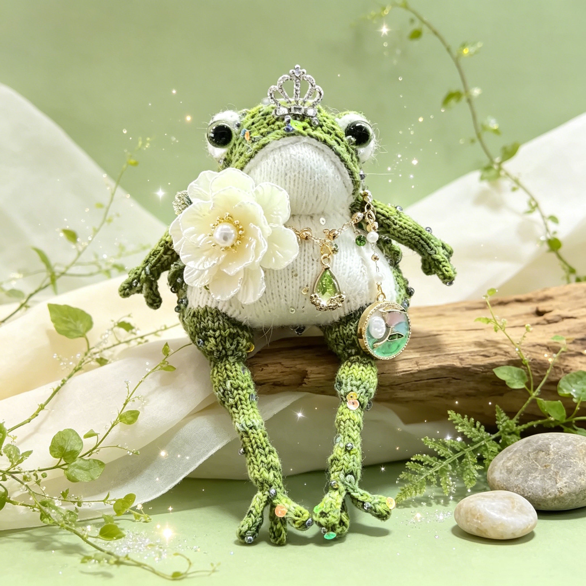 Woodland Princess Toad – Hand-Knitted Nature-Inspired Figurine with Silver Crown, Emerald Teardrop Pendant, White Camellia Brooch &amp; Vintage Medallion | The Third Space