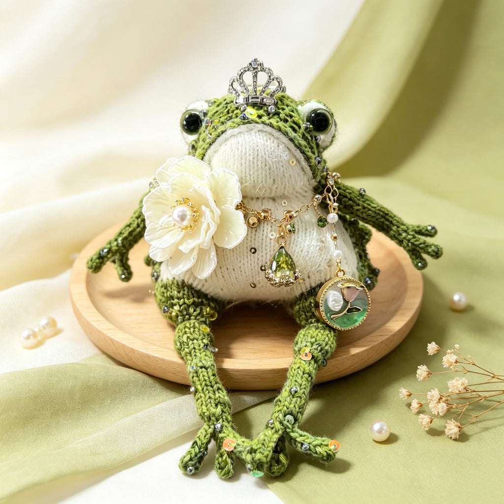 Woodland Princess Toad – Hand-Knitted Nature-Inspired Figurine with Silver Crown, Emerald Teardrop Pendant, White Camellia Brooch &amp; Vintage Medallion | The Third Space