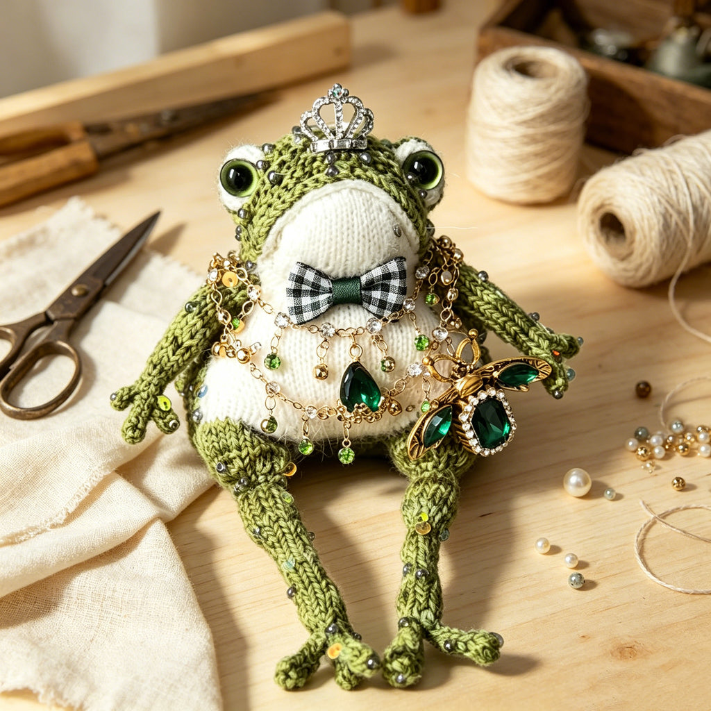 Victorian Duke Toad – Hand-Knitted Luxe Vintage Figurine with Silver Crown, Emerald Square Gem, Tartan Bow, Layered Green Necklaces &amp; Beetle Brooch | The Third Space