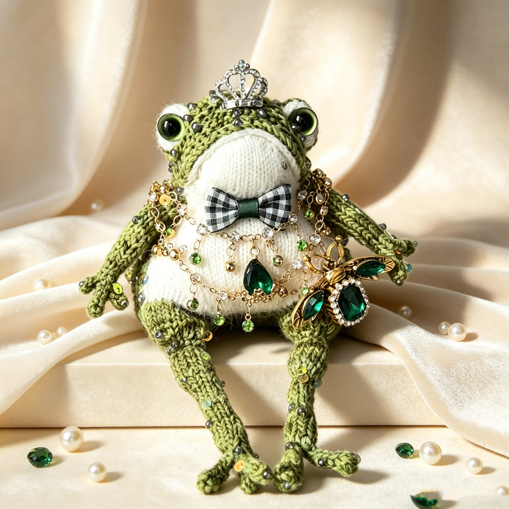 Victorian Duke Toad – Hand-Knitted Luxe Vintage Figurine with Silver Crown, Emerald Square Gem, Tartan Bow, Layered Green Necklaces &amp; Beetle Brooch | The Third Space