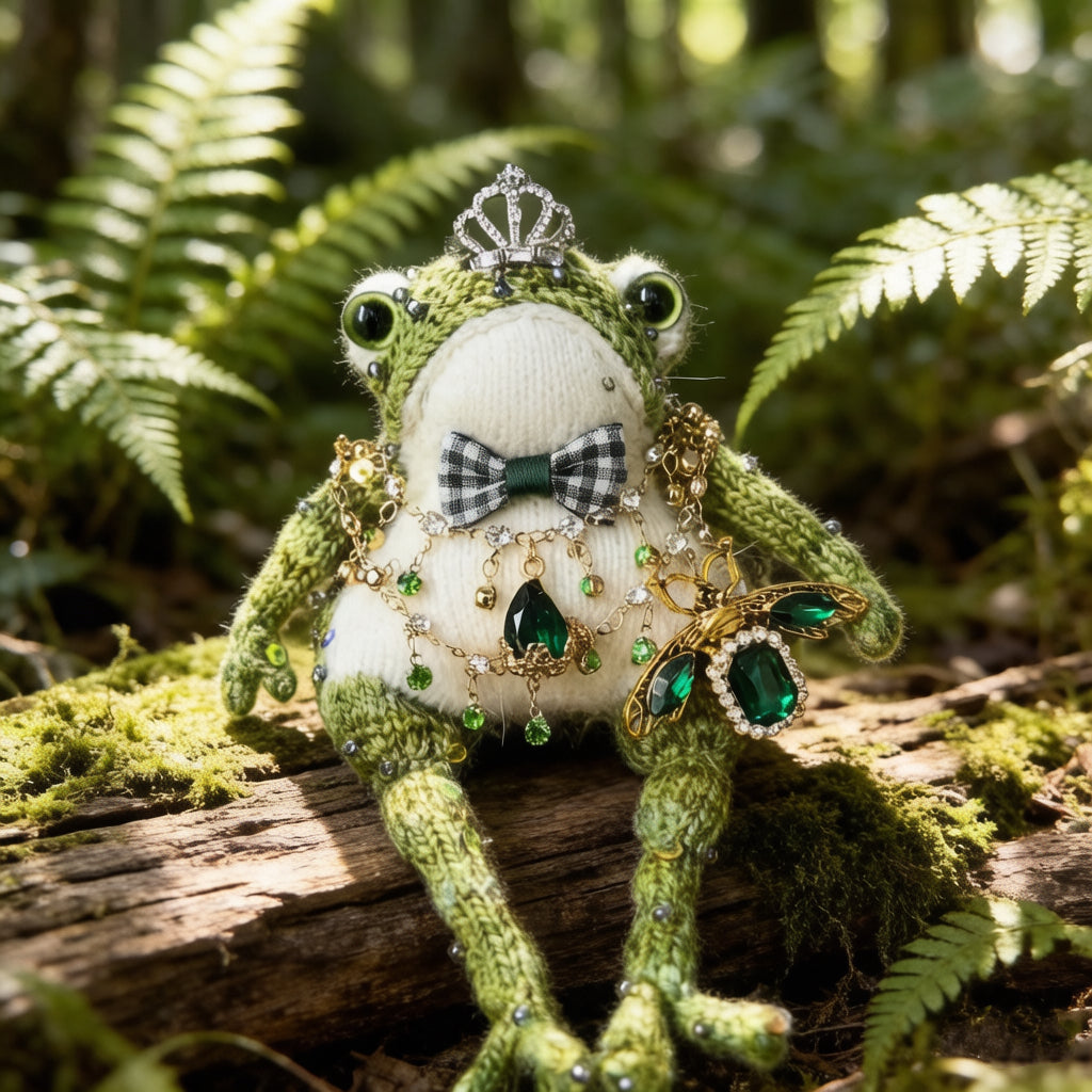 Victorian Duke Toad – Hand-Knitted Luxe Vintage Figurine with Silver Crown, Emerald Square Gem, Tartan Bow, Layered Green Necklaces &amp; Beetle Brooch | The Third Space