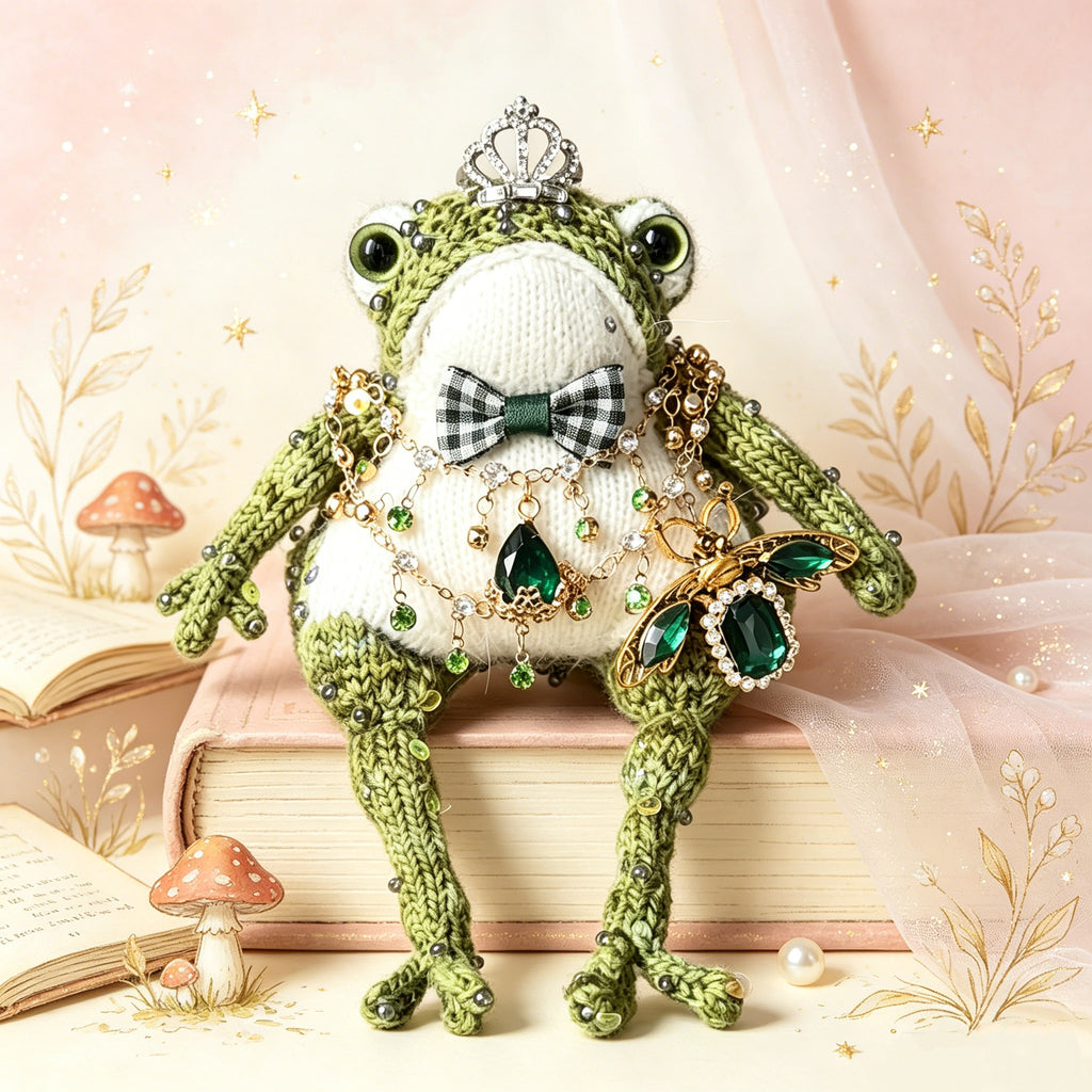 Victorian Duke Toad – Hand-Knitted Luxe Vintage Figurine with Silver Crown, Emerald Square Gem, Tartan Bow, Layered Green Necklaces &amp; Beetle Brooch | The Third Space