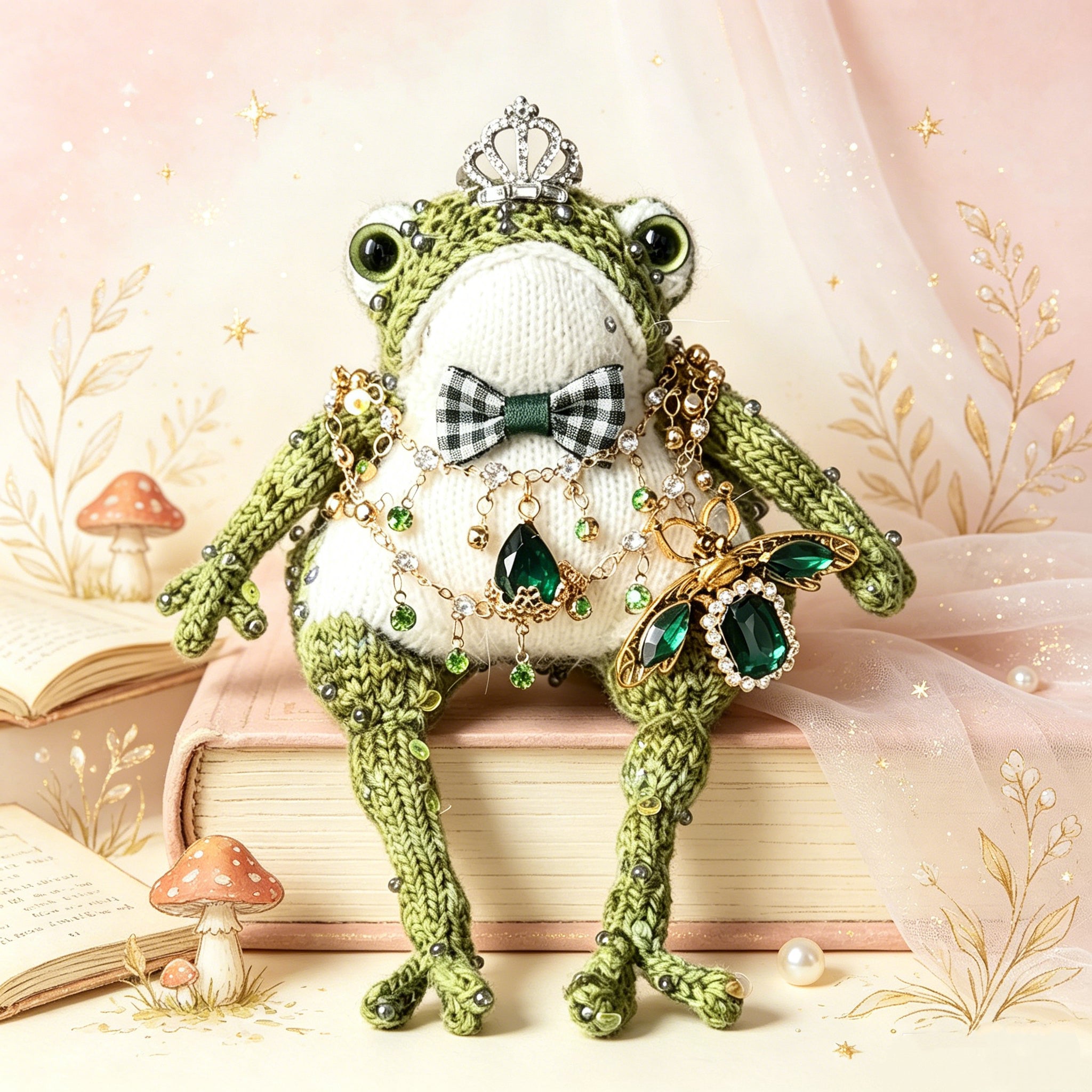 Victorian Duke Toad – Hand-Knitted Luxe Vintage Figurine with Silver Crown, Emerald Square Gem, Tartan Bow, Layered Green Necklaces &amp; Beetle Brooch | The Third Space