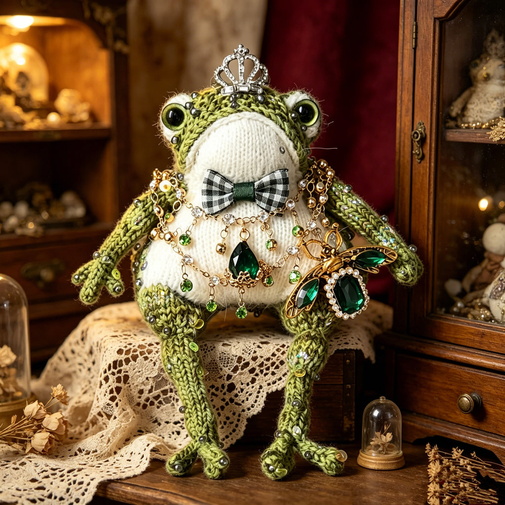 Victorian Duke Toad – Hand-Knitted Luxe Vintage Figurine with Silver Crown, Emerald Square Gem, Tartan Bow, Layered Green Necklaces &amp; Beetle Brooch | The Third Space