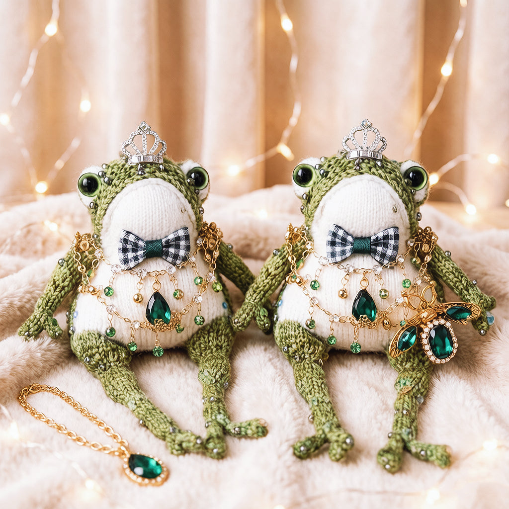 Victorian Duke Toad – Hand-Knitted Luxe Vintage Figurine with Silver Crown, Emerald Square Gem, Tartan Bow, Layered Green Necklaces &amp; Beetle Brooch | The Third Space