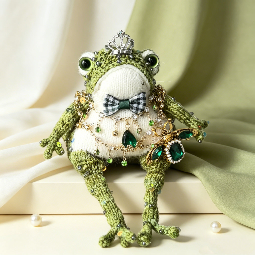 Victorian Duke Toad – Hand-Knitted Luxe Vintage Figurine with Silver Crown, Emerald Square Gem, Tartan Bow, Layered Green Necklaces &amp; Beetle Brooch | The Third Space