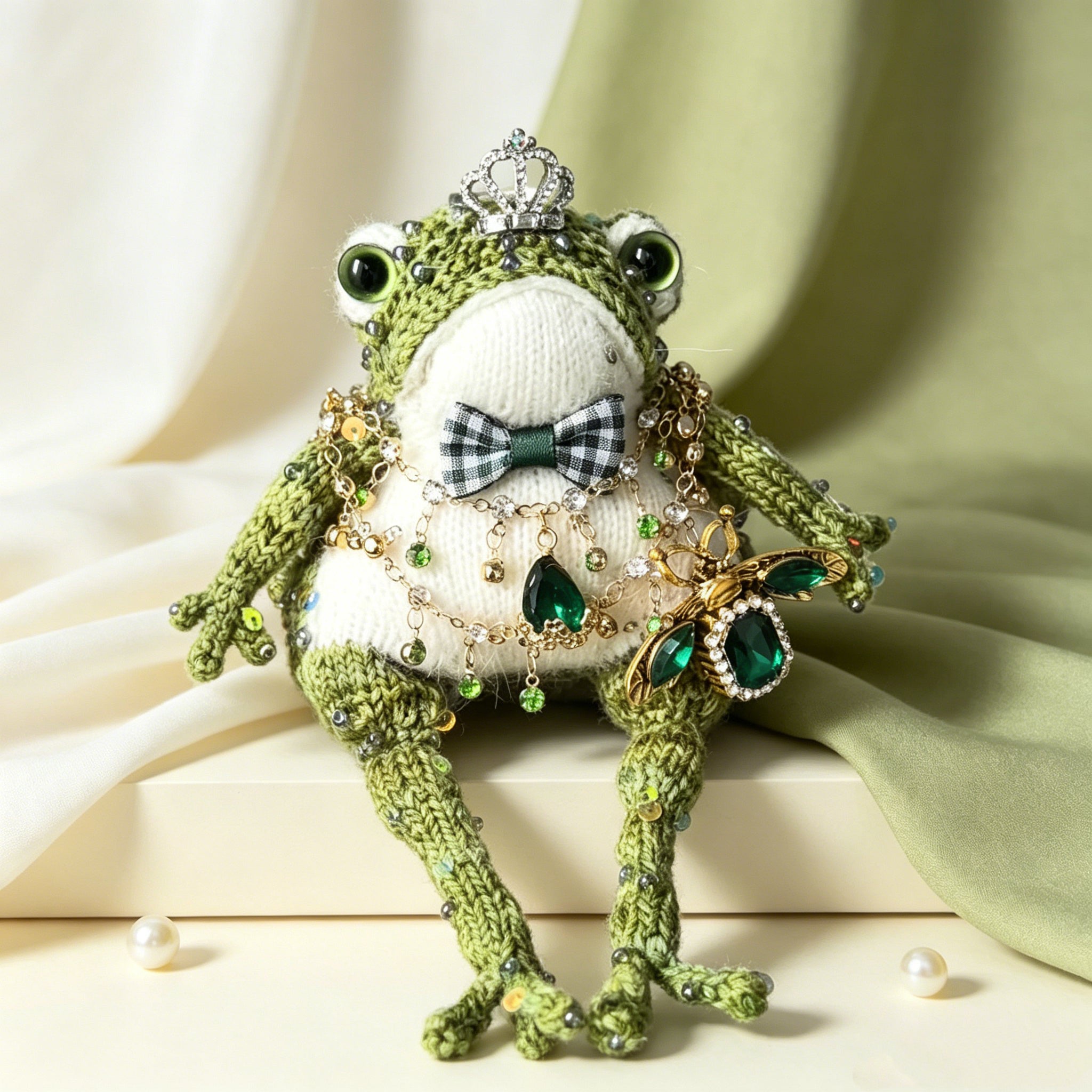Victorian Duke Toad – Hand-Knitted Luxe Vintage Figurine with Silver Crown, Emerald Square Gem, Tartan Bow, Layered Green Necklaces &amp; Beetle Brooch | The Third Space