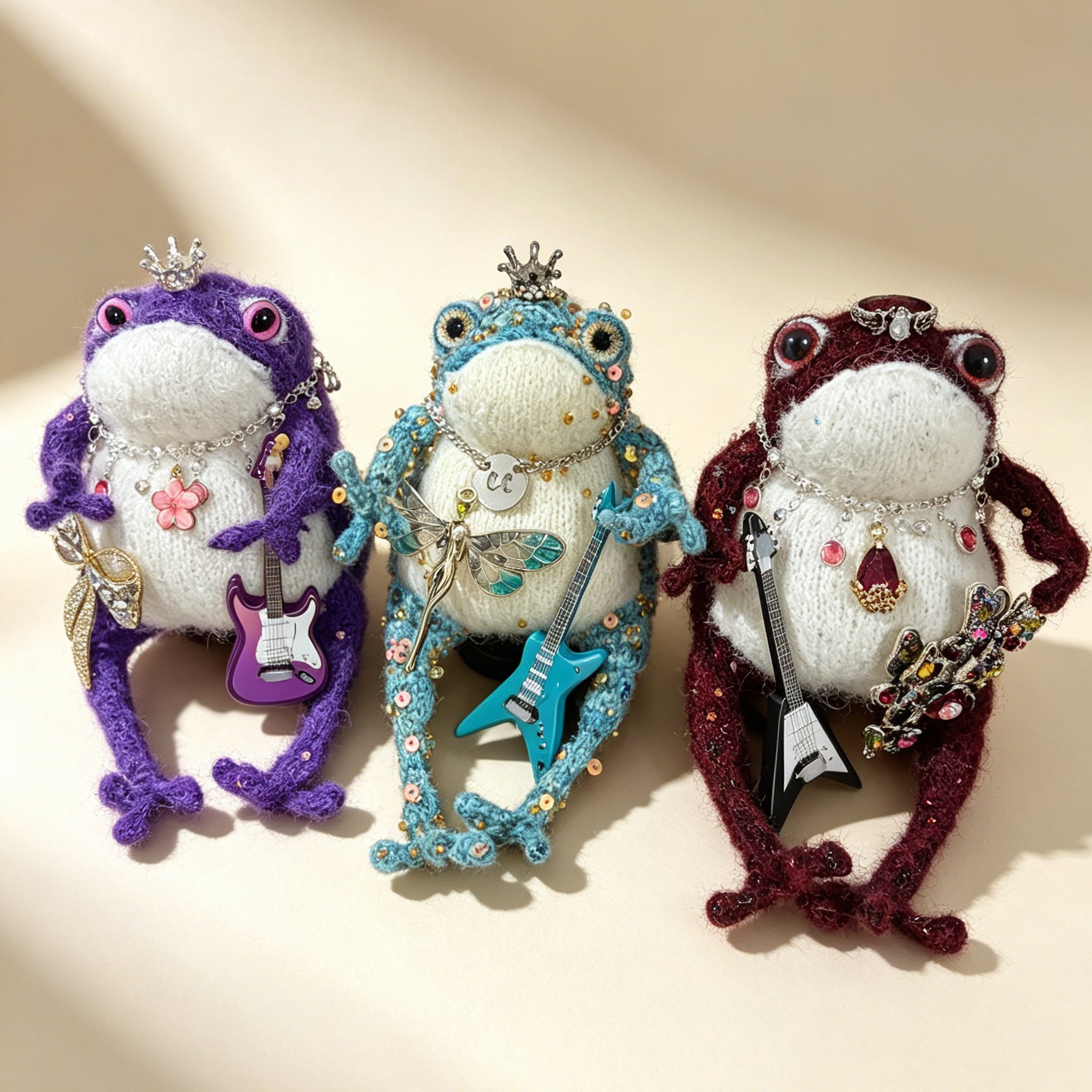 Rock Band Toad Trio – Set of 3 Hand-Knitted Figurines in Blue, Purple &amp; Burgundy with Electric Guitars, Mic Stands, Crowns &amp; Brooches | The Third Space