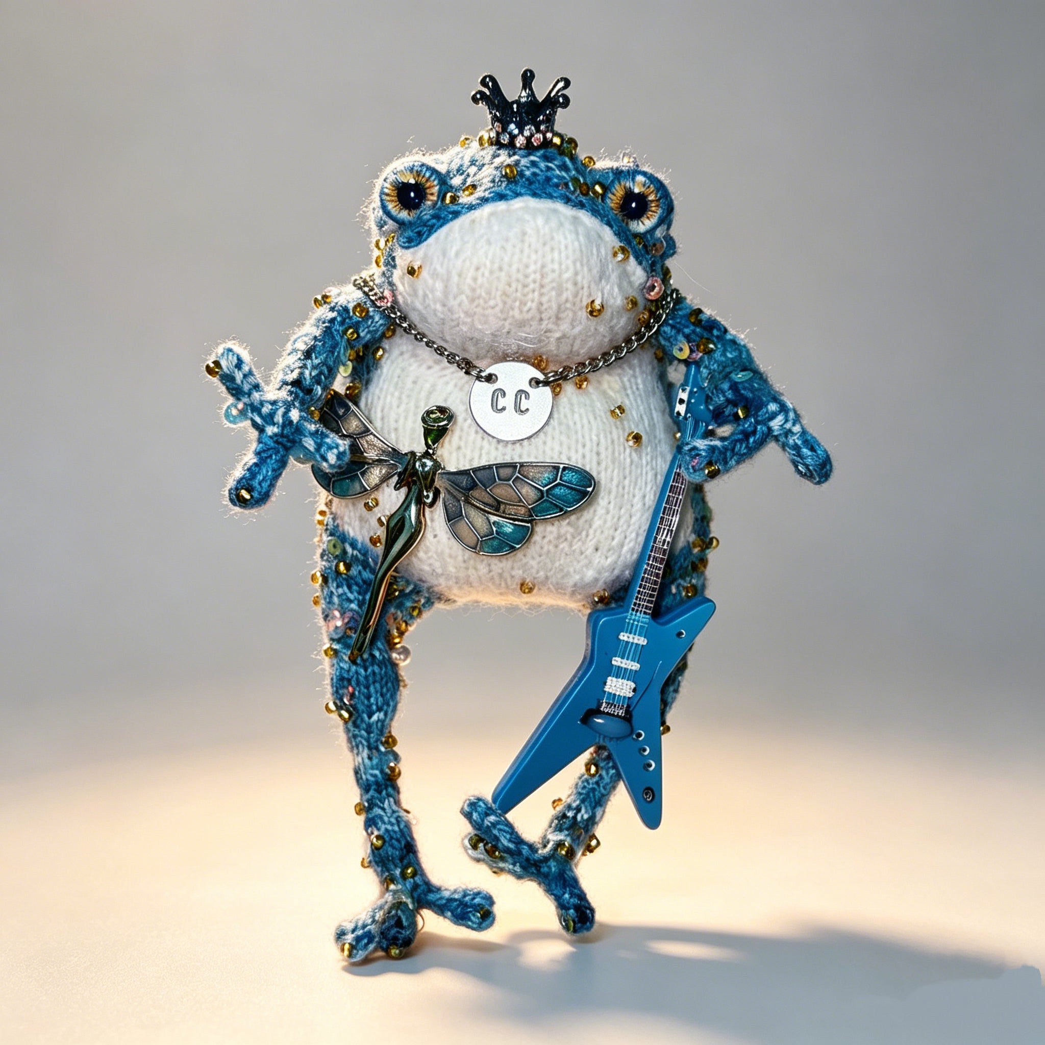 Rock Band Toad Trio – Set of 3 Hand-Knitted Figurines in Blue, Purple &amp; Burgundy with Electric Guitars, Mic Stands, Crowns &amp; Brooches | The Third Space
