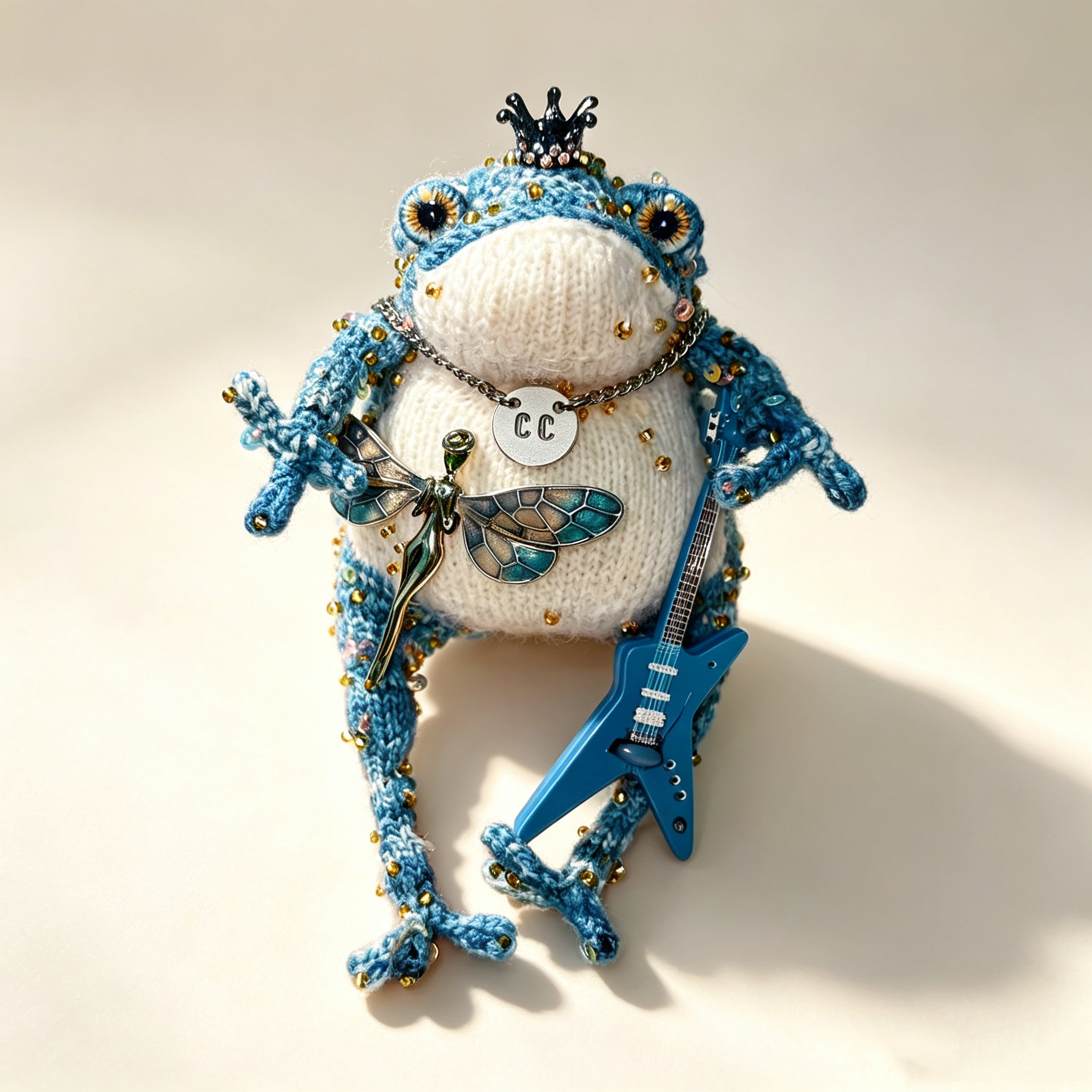 Rock Band Toad Trio – Set of 3 Hand-Knitted Figurines in Blue, Purple &amp; Burgundy with Electric Guitars, Mic Stands, Crowns &amp; Brooches | The Third Space
