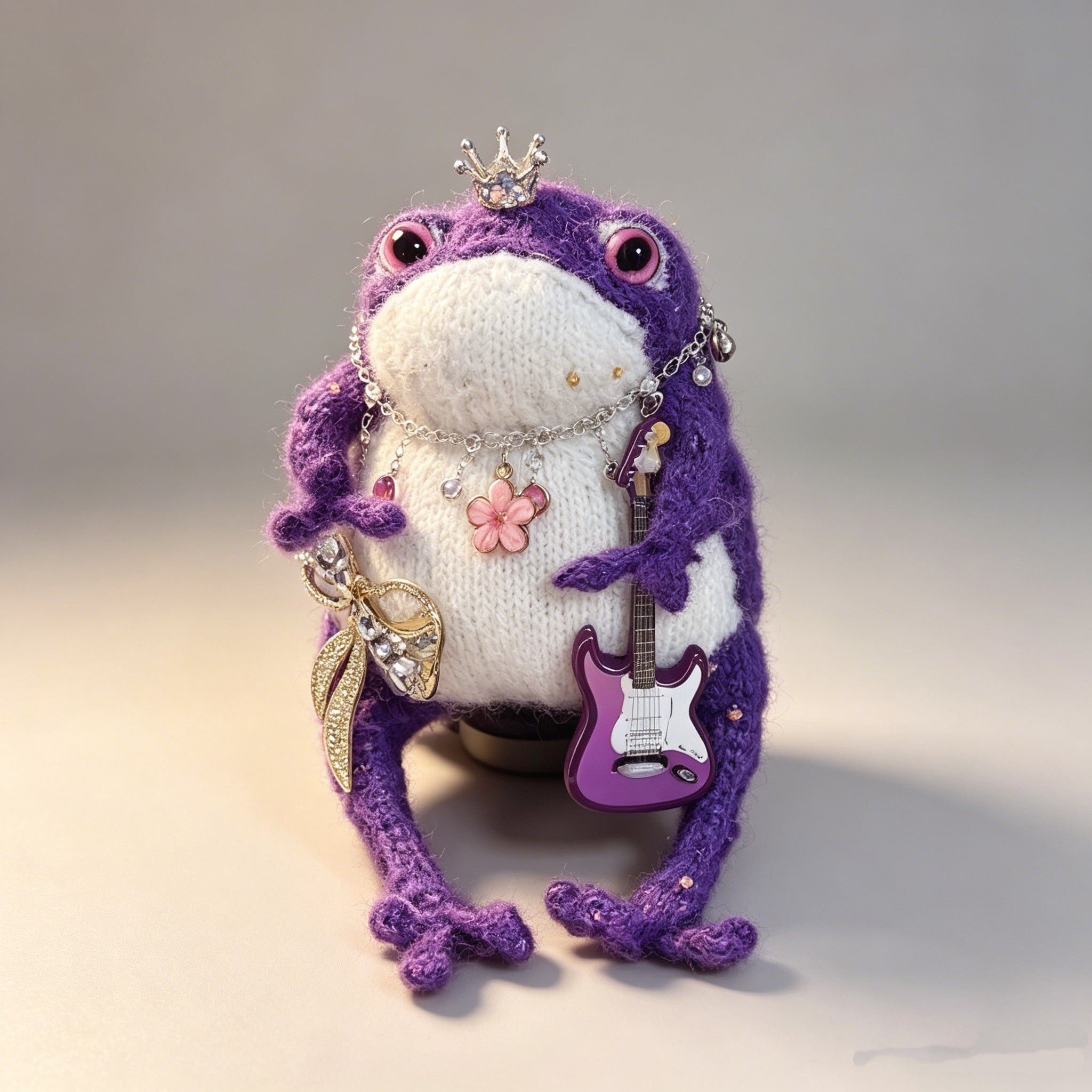 Rock Band Toad Trio – Set of 3 Hand-Knitted Figurines in Blue, Purple &amp; Burgundy with Electric Guitars, Mic Stands, Crowns &amp; Brooches | The Third Space