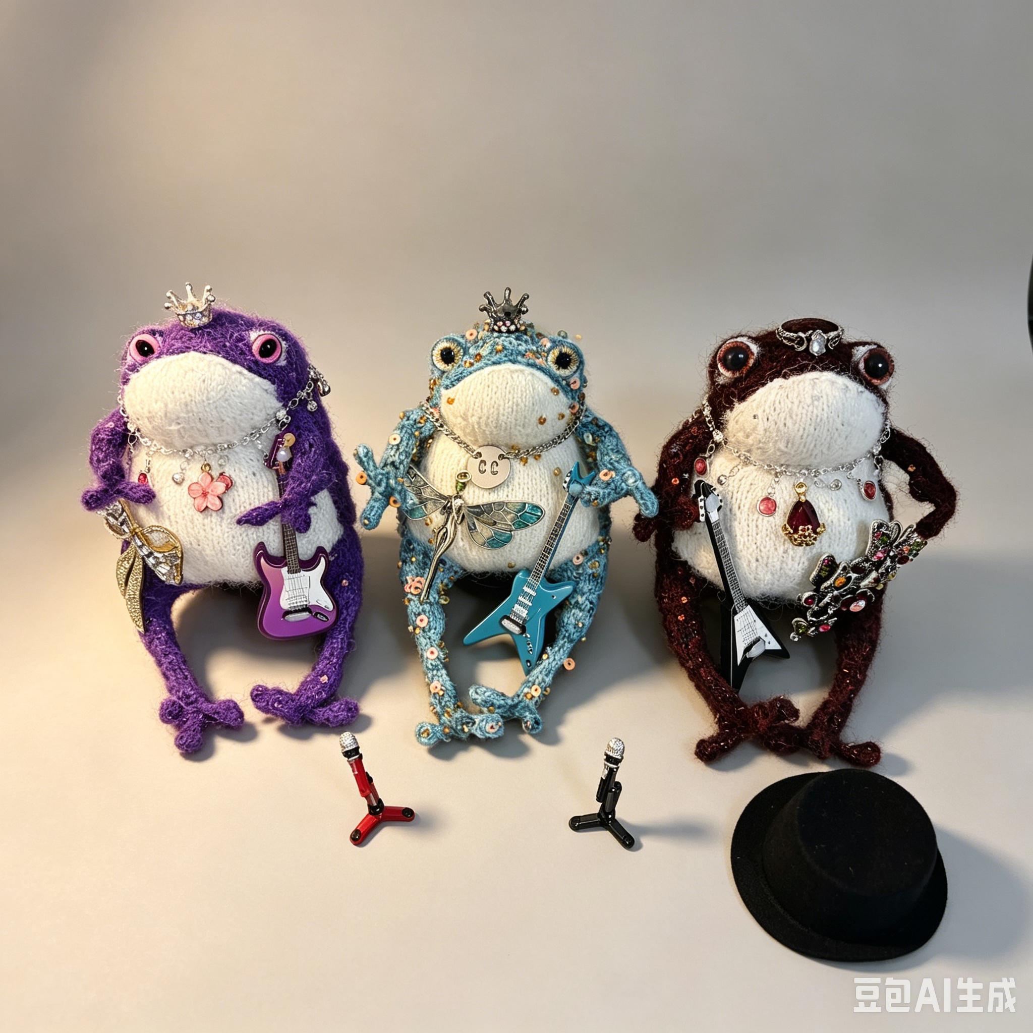 Rock Band Toad Trio – Set of 3 Hand-Knitted Figurines in Blue, Purple &amp; Burgundy with Electric Guitars, Mic Stands, Crowns &amp; Brooches | The Third Space