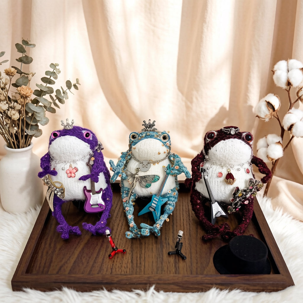 Rock Band Toad Trio – Set of 3 Hand-Knitted Figurines in Blue, Purple &amp; Burgundy with Electric Guitars, Mic Stands, Crowns &amp; Brooches | The Third Space