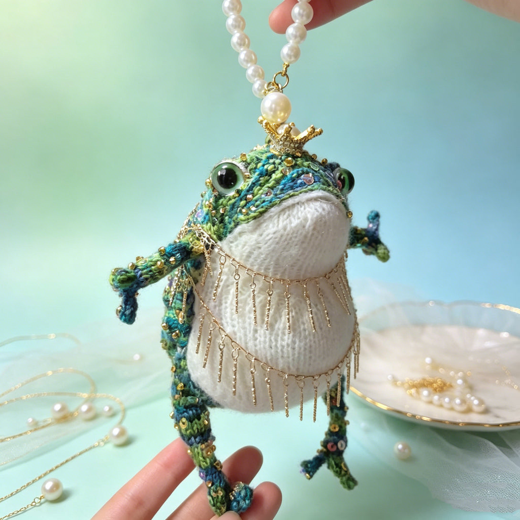 Knitted Pearl Toad – Hand-Knitted Figurine with Gold Crown, Pearl &amp; Crystal Accents, Layered Chain Tassels &amp; Pearl Hanger | The Third Space