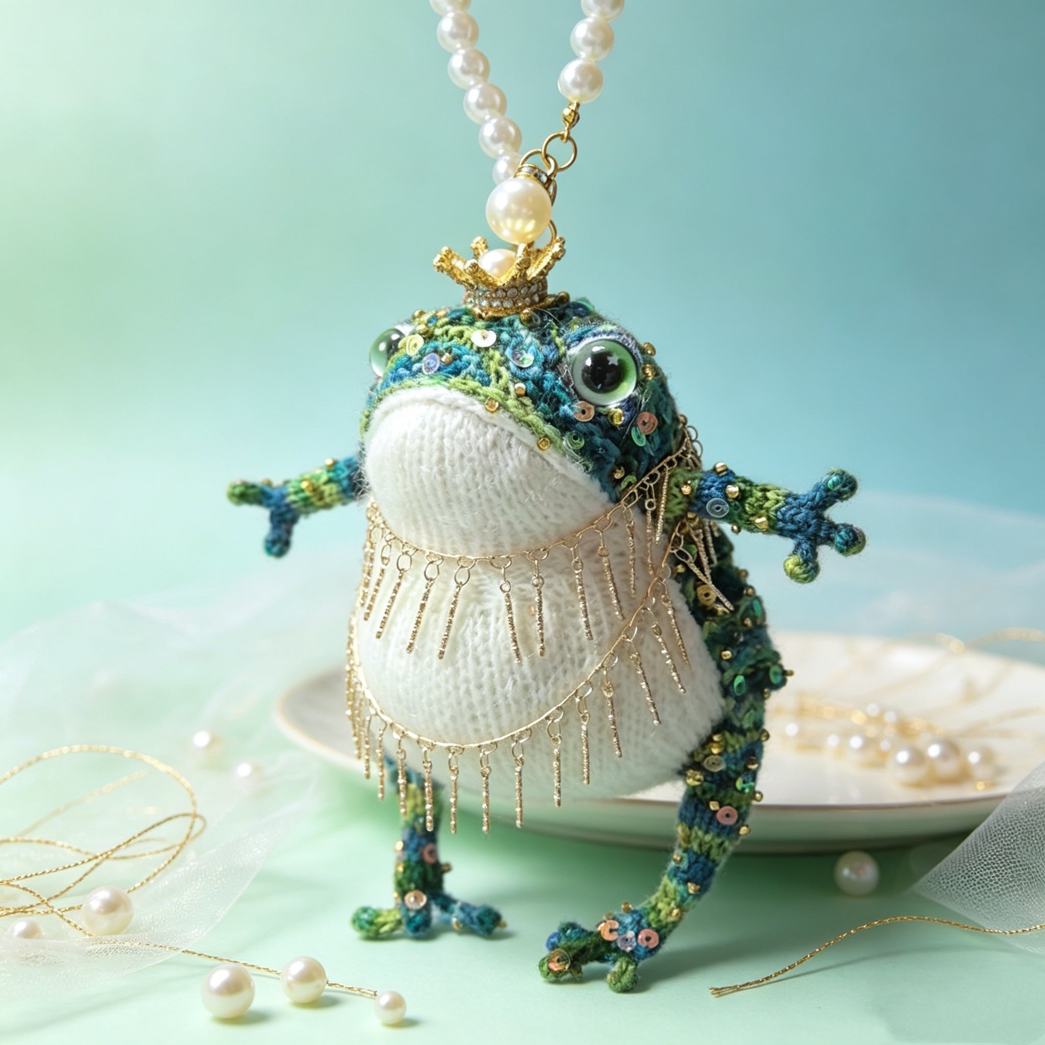 Knitted Pearl Toad – Hand-Knitted Figurine with Gold Crown, Pearl &amp; Crystal Accents, Layered Chain Tassels &amp; Pearl Hanger | The Third Space
