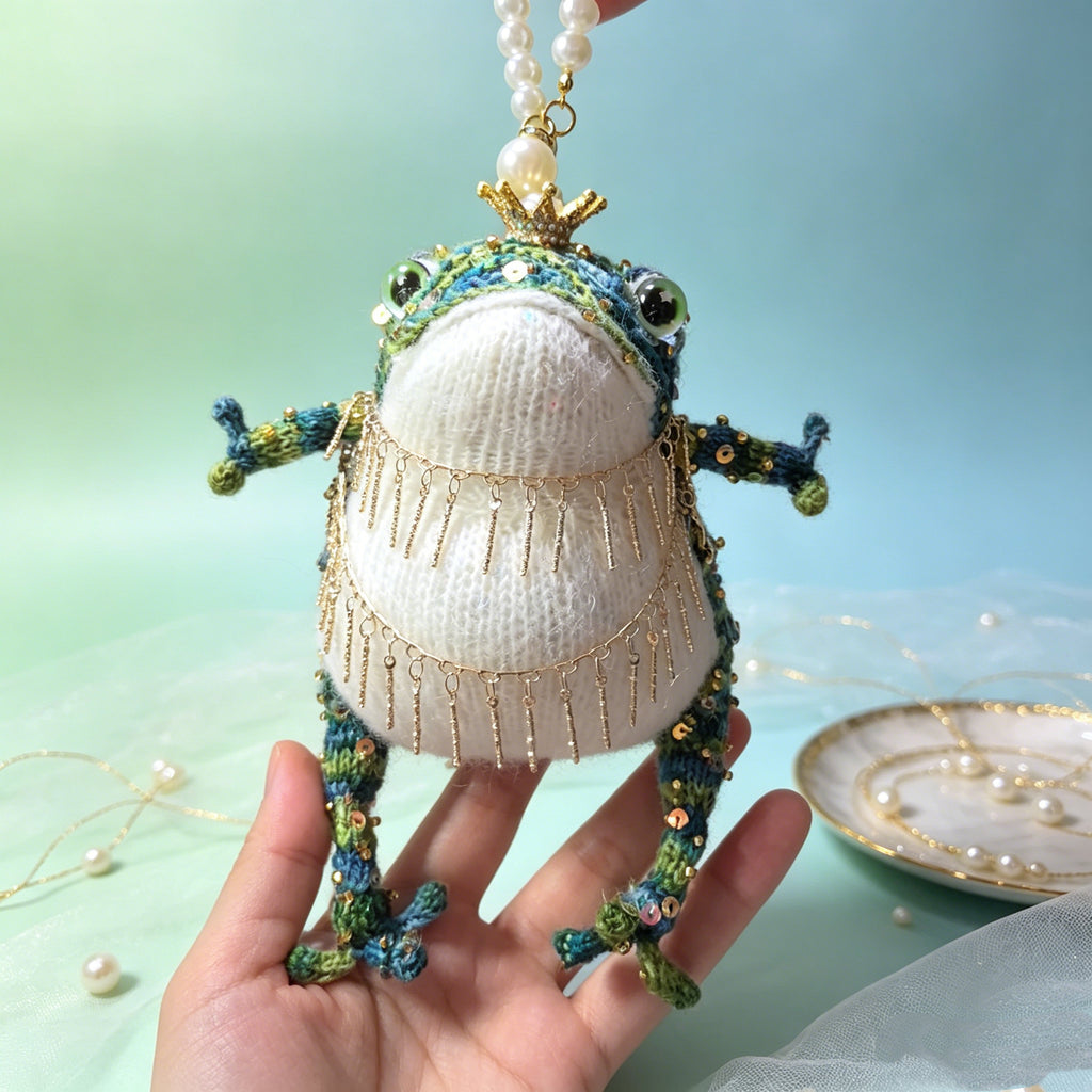 Knitted Pearl Toad – Hand-Knitted Figurine with Gold Crown, Pearl &amp; Crystal Accents, Layered Chain Tassels &amp; Pearl Hanger | The Third Space