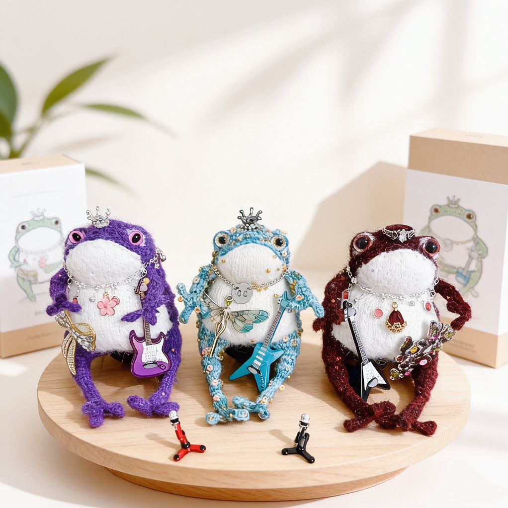 Rock Band Toad Trio – Set of 3 Hand-Knitted Figurines in Blue, Purple &amp; Burgundy with Electric Guitars, Mic Stands, Crowns &amp; Brooches | The Third Space