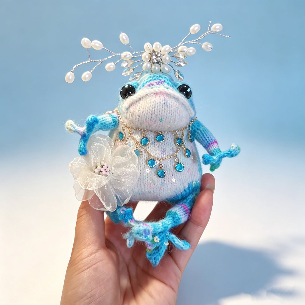 Blue Crystal Toad Princess – Hand-Knitted Dreamy Figurine with Silver Pearl Crown, Layered Gold Crystal Necklace, Blue Gem Pendants &amp; White Tulle Flower | The Third Space
