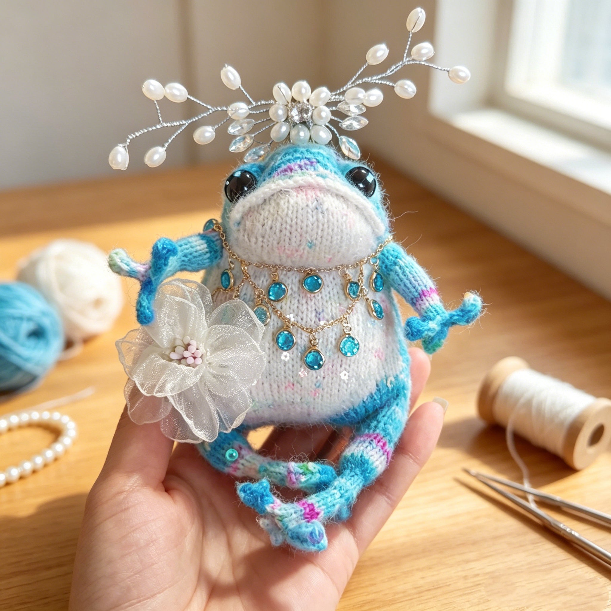 Blue Crystal Toad Princess – Hand-Knitted Dreamy Figurine with Silver Pearl Crown, Layered Gold Crystal Necklace, Blue Gem Pendants &amp; White Tulle Flower | The Third Space