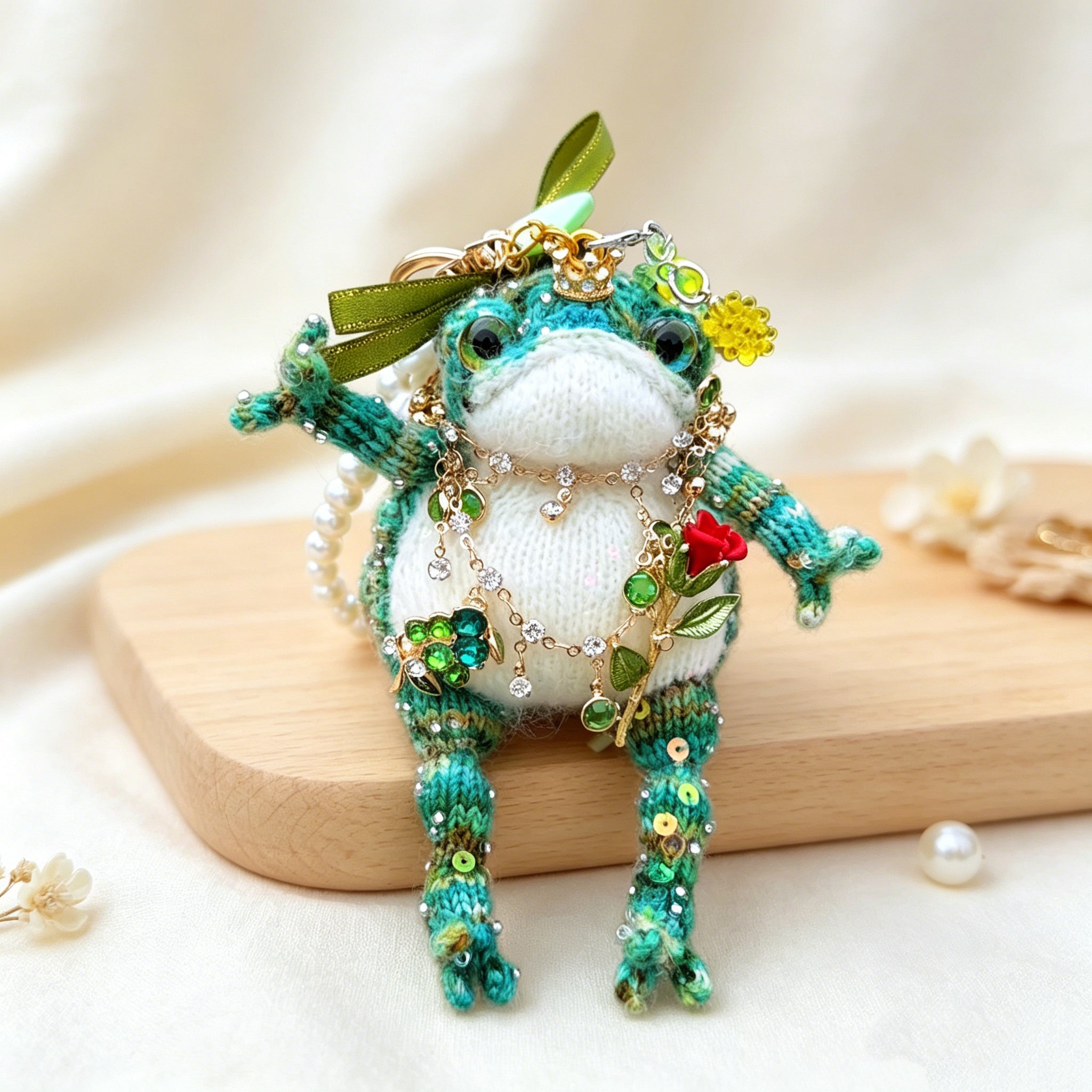 Emerald Prince Toad – Hand-Knitted Vintage Green Bag Charm with Gold Crown, Olive Bow, Layered Crystal Necklace, Red Rose Pendant &amp; Pearl Chain | The Third Space