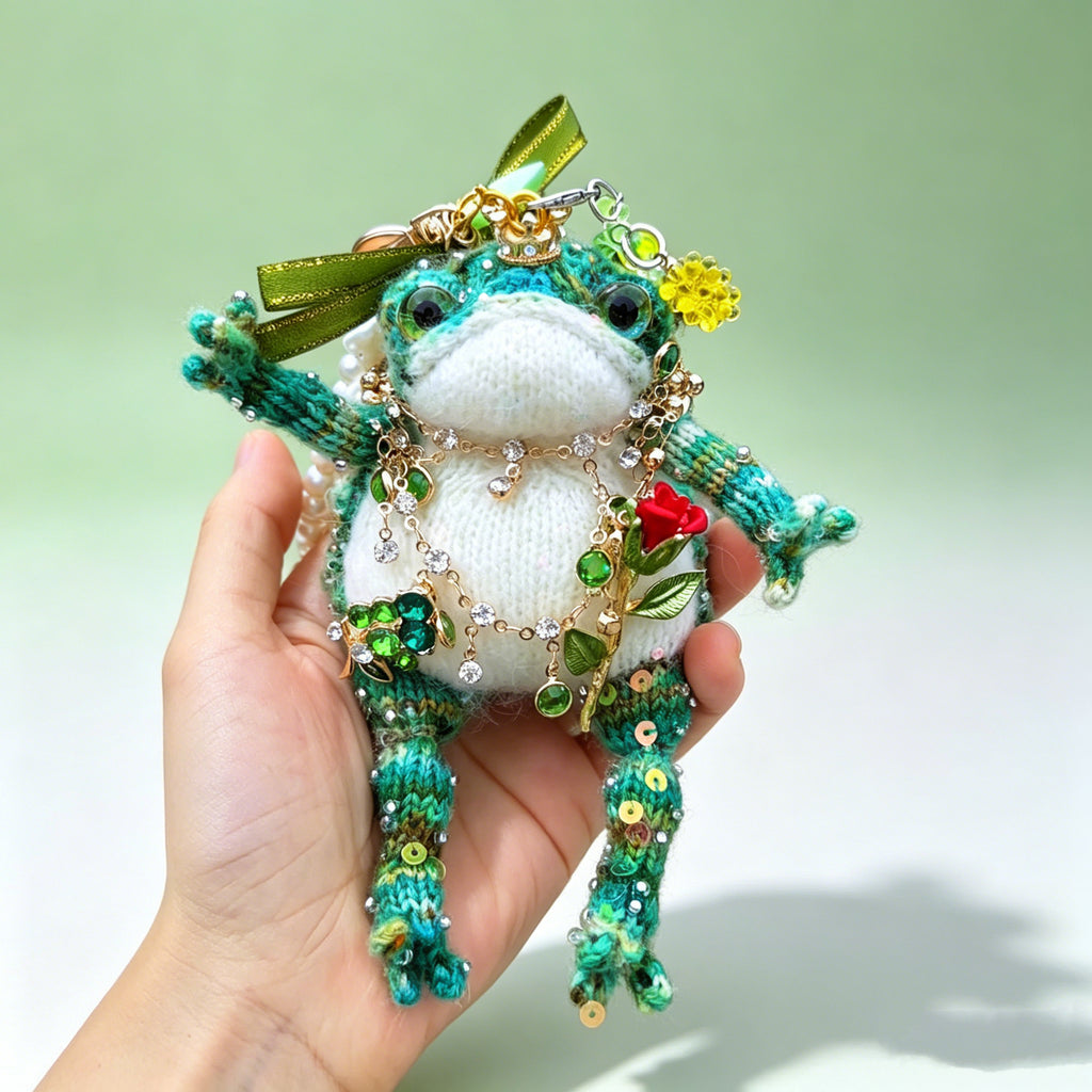 Emerald Prince Toad – Hand-Knitted Vintage Green Bag Charm with Gold Crown, Olive Bow, Layered Crystal Necklace, Red Rose Pendant &amp; Pearl Chain | The Third Space